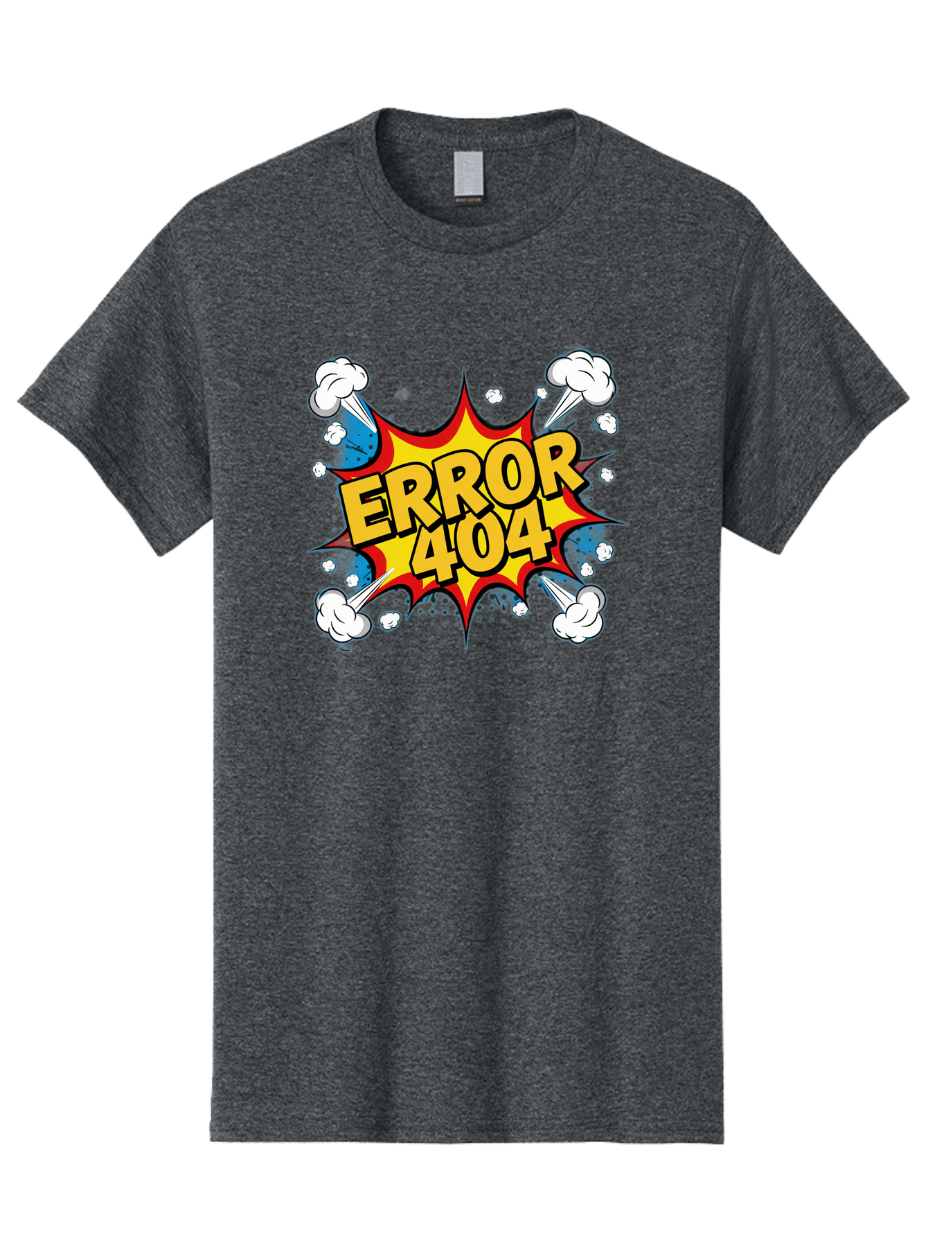 Error-404-3 Men'S Graphic Tee, 100% Cotton, Comfortable Casual Summer Wear, Machine Washable, Error Message, 404 Page Not Found, Cartoon Style, Comic Explosion, Yellow Text, Red Outline, White Clouds, Blue Bombs, Retro Aesthetic, Funny Design, Baa651