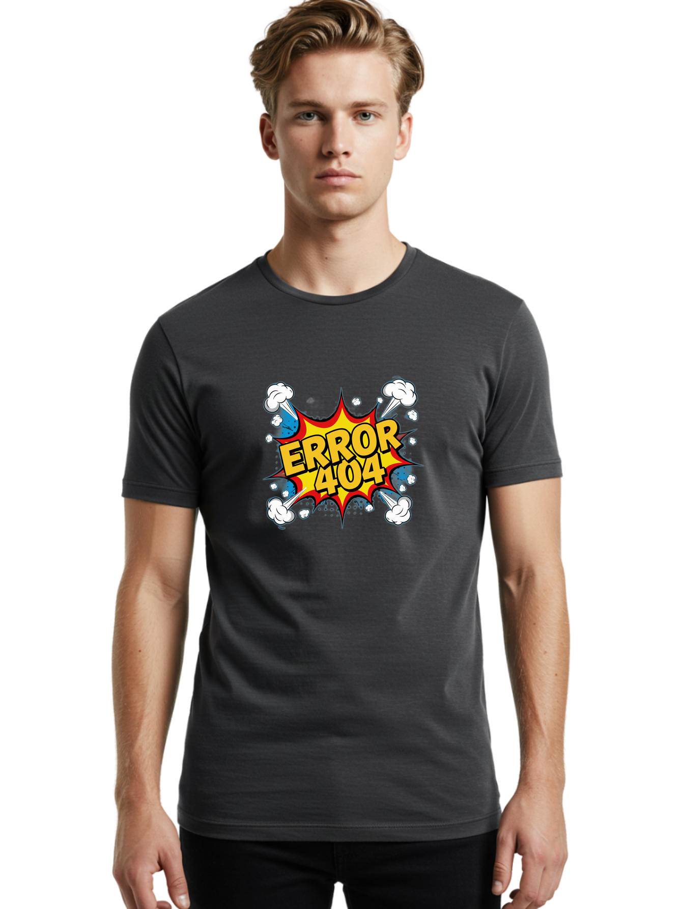 Error-404-3 Men'S Graphic Tee, 100% Cotton, Comfortable Casual Summer Wear, Machine Washable, Error Message, 404 Page Not Found, Cartoon Style, Comic Explosion, Yellow Text, Red Outline, White Clouds, Blue Bombs, Retro Aesthetic, Funny Design, Baa651