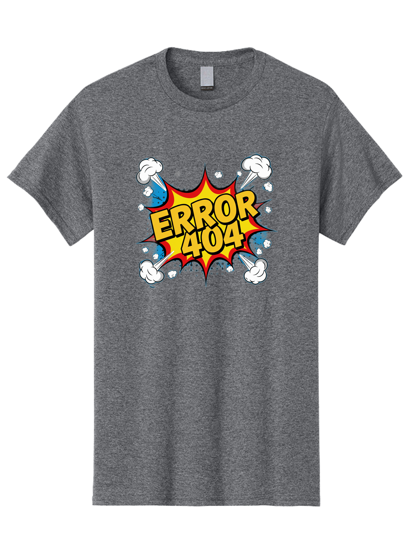 Error-404-3 Men'S Graphic Tee, 100% Cotton, Comfortable Casual Summer Wear, Machine Washable, Error Message, 404 Page Not Found, Cartoon Style, Comic Explosion, Yellow Text, Red Outline, White Clouds, Blue Bombs, Retro Aesthetic, Funny Design, Baa651