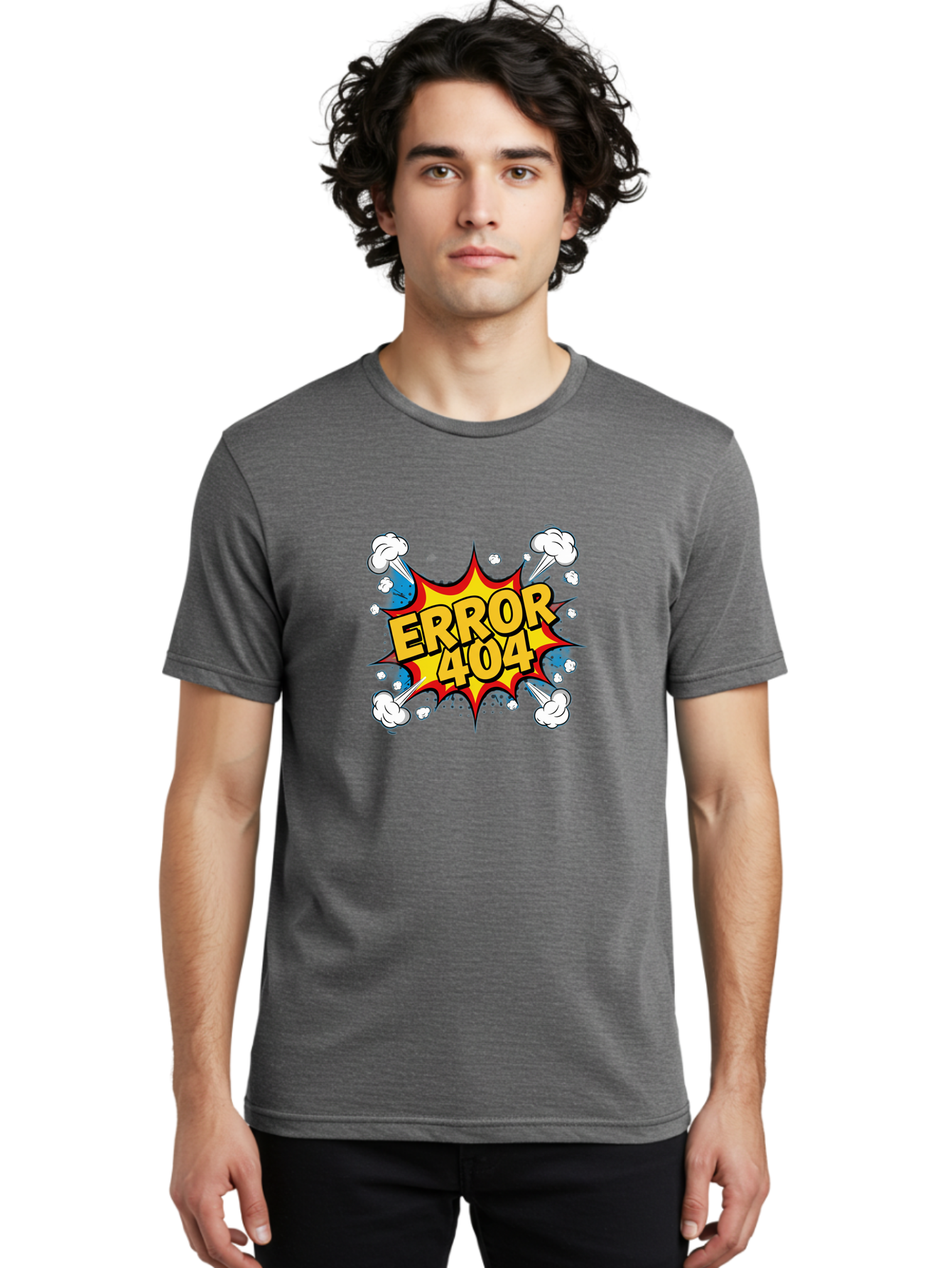 Error-404-3 Men'S Graphic Tee, 100% Cotton, Comfortable Casual Summer Wear, Machine Washable, Error Message, 404 Page Not Found, Cartoon Style, Comic Explosion, Yellow Text, Red Outline, White Clouds, Blue Bombs, Retro Aesthetic, Funny Design, Baa651