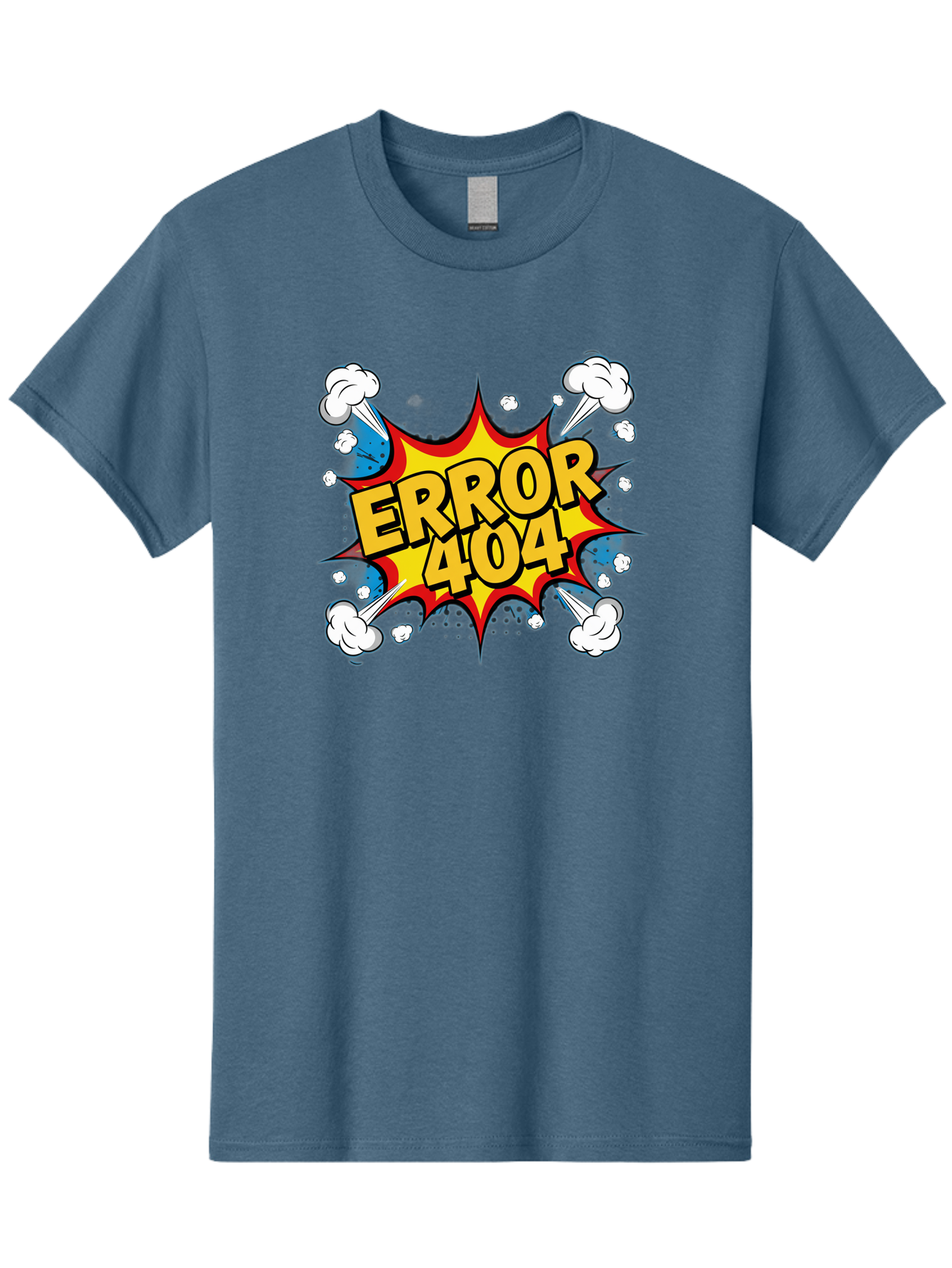 Error-404-3 Men'S Graphic Tee, 100% Cotton, Comfortable Casual Summer Wear, Machine Washable, Error Message, 404 Page Not Found, Cartoon Style, Comic Explosion, Yellow Text, Red Outline, White Clouds, Blue Bombs, Retro Aesthetic, Funny Design, Baa651