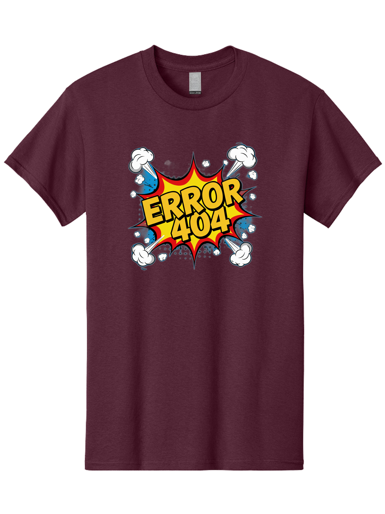 Error-404-3 Men'S Graphic Tee, 100% Cotton, Comfortable Casual Summer Wear, Machine Washable, Error Message, 404 Page Not Found, Cartoon Style, Comic Explosion, Yellow Text, Red Outline, White Clouds, Blue Bombs, Retro Aesthetic, Funny Design, Baa651