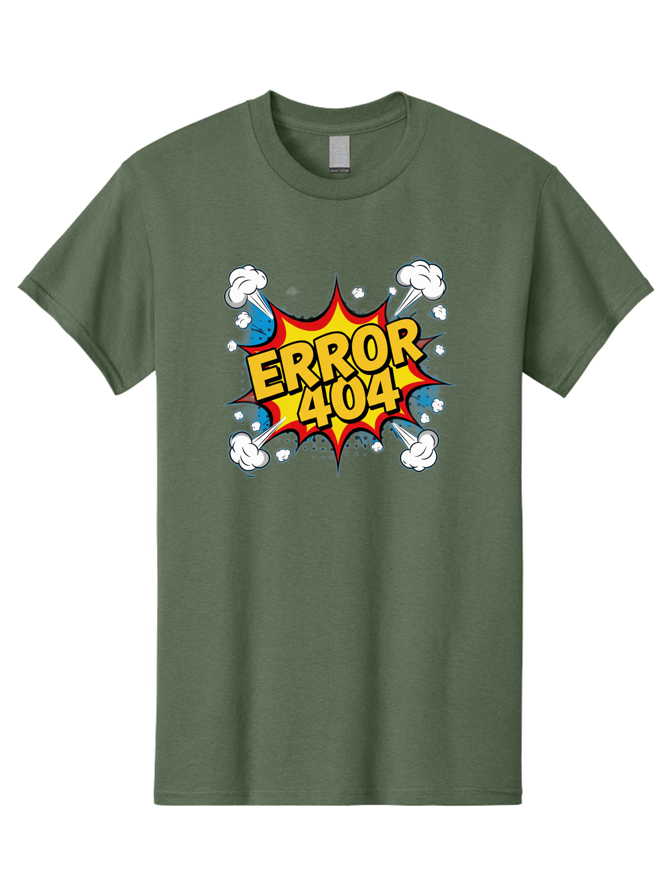 Error-404-3 Men'S Graphic Tee, 100% Cotton, Comfortable Casual Summer Wear, Machine Washable, Error Message, 404 Page Not Found, Cartoon Style, Comic Explosion, Yellow Text, Red Outline, White Clouds, Blue Bombs, Retro Aesthetic, Funny Design, Baa651