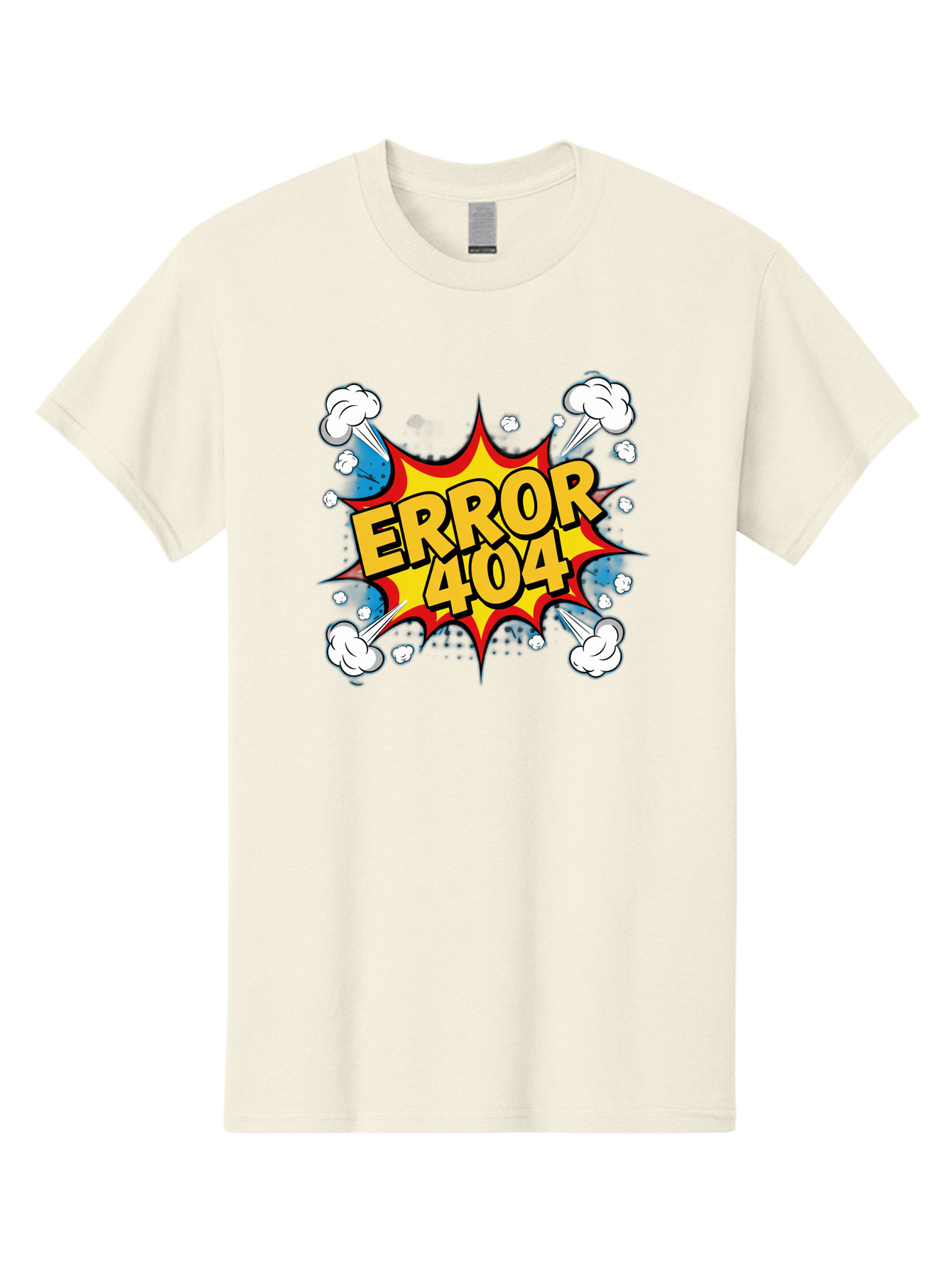 Error-404-3 Men'S Graphic Tee, 100% Cotton, Comfortable Casual Summer Wear, Machine Washable, Error Message, 404 Page Not Found, Cartoon Style, Comic Explosion, Yellow Text, Red Outline, White Clouds, Blue Bombs, Retro Aesthetic, Funny Design, Baa651