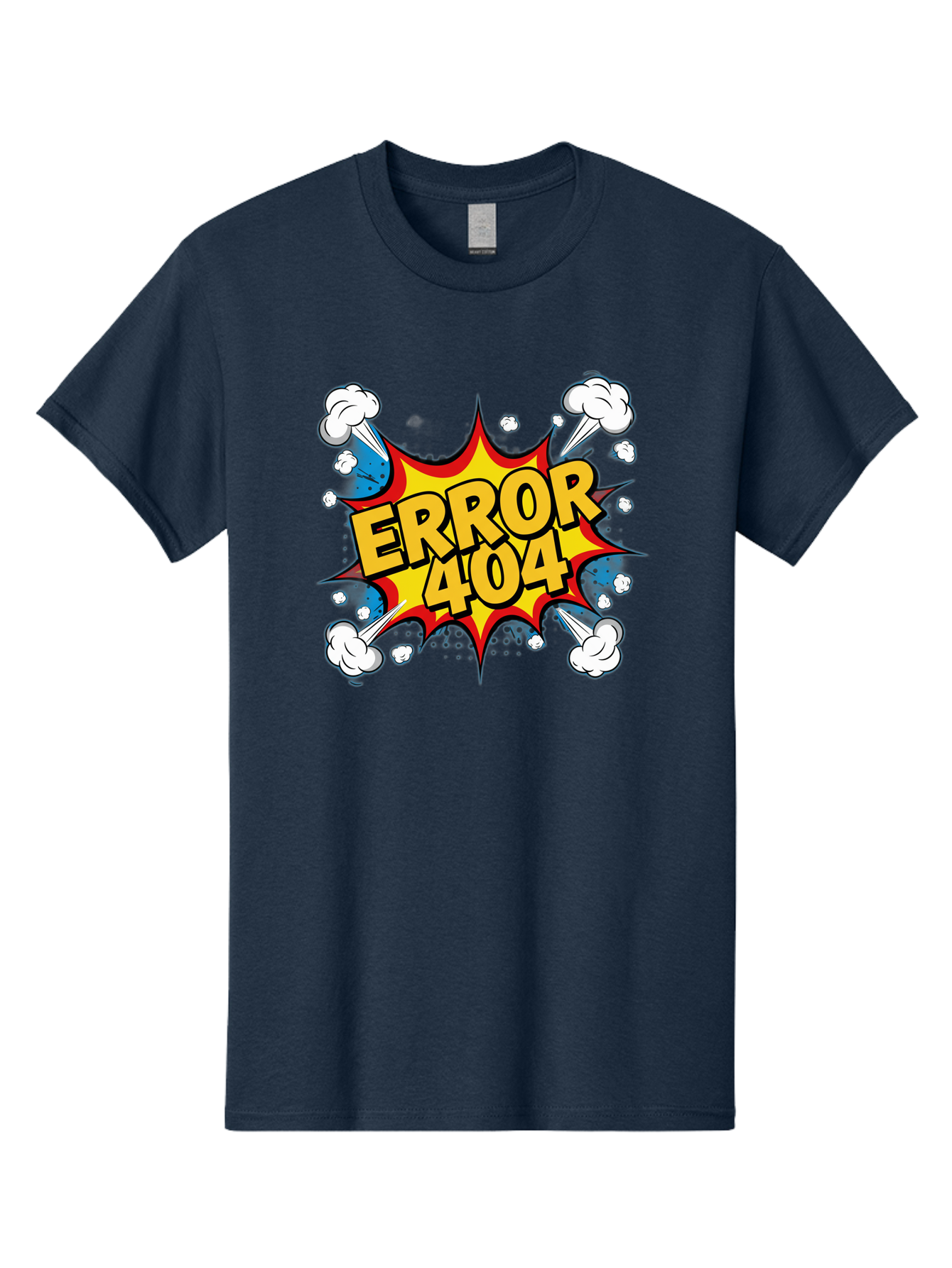 Error-404-3 Men'S Graphic Tee, 100% Cotton, Comfortable Casual Summer Wear, Machine Washable, Error Message, 404 Page Not Found, Cartoon Style, Comic Explosion, Yellow Text, Red Outline, White Clouds, Blue Bombs, Retro Aesthetic, Funny Design, Baa651