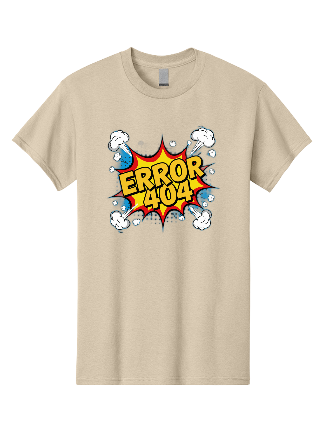 Error-404-3 Men'S Graphic Tee, 100% Cotton, Comfortable Casual Summer Wear, Machine Washable, Error Message, 404 Page Not Found, Cartoon Style, Comic Explosion, Yellow Text, Red Outline, White Clouds, Blue Bombs, Retro Aesthetic, Funny Design, Baa651