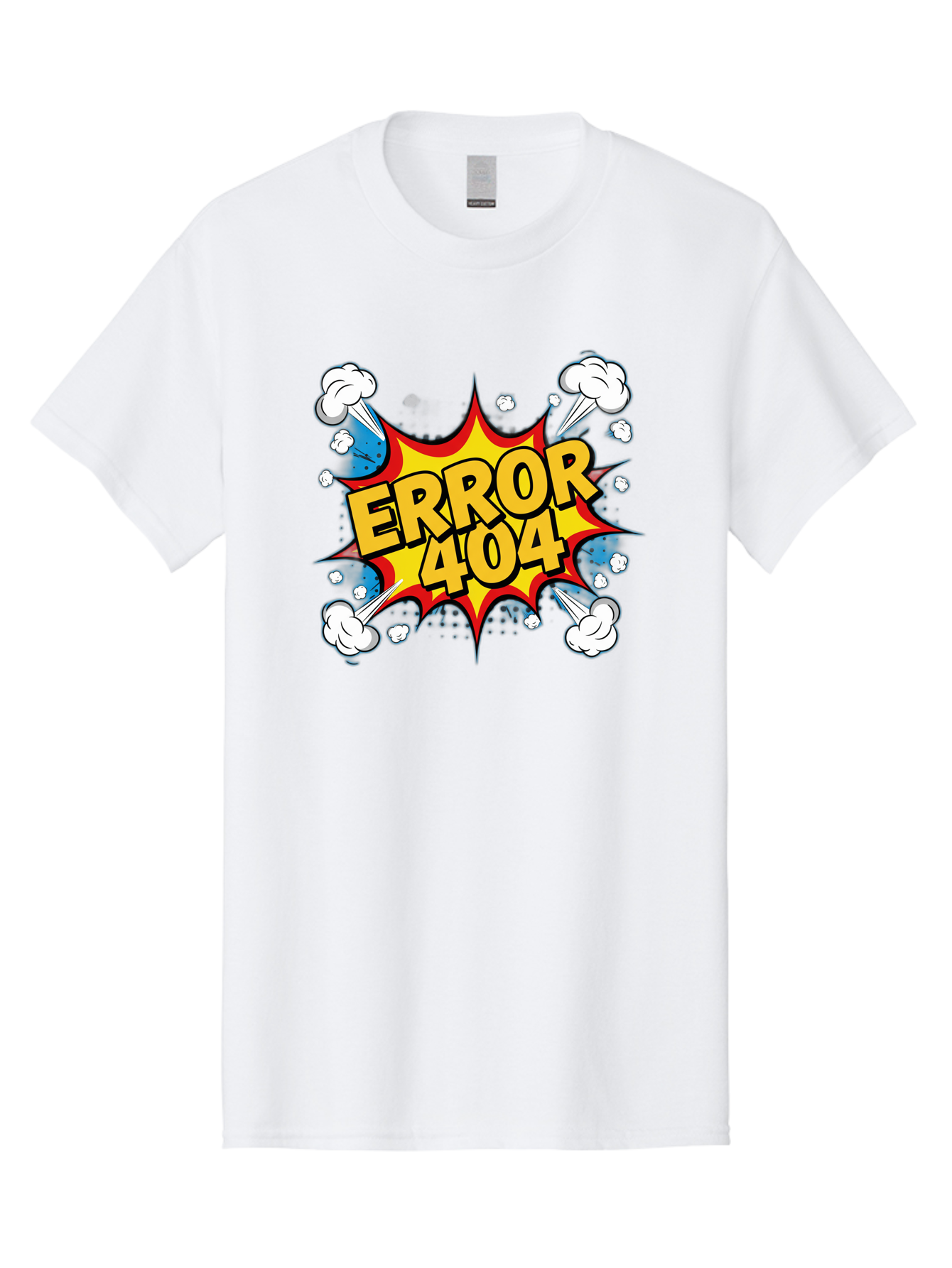 Error-404-3 Men'S Graphic Tee, 100% Cotton, Comfortable Casual Summer Wear, Machine Washable, Error Message, 404 Page Not Found, Cartoon Style, Comic Explosion, Yellow Text, Red Outline, White Clouds, Blue Bombs, Retro Aesthetic, Funny Design, Baa651