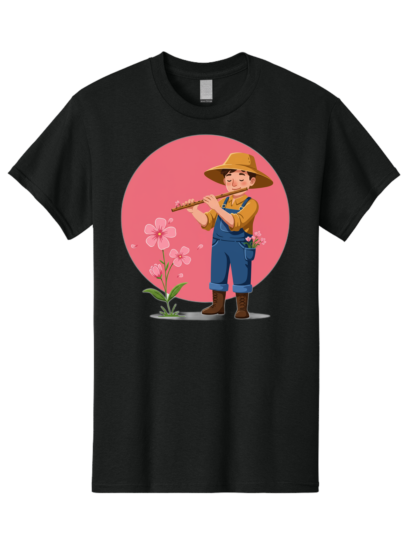 Farmer-Playing-Flute Men'S Graphic Tee, 100% Cotton, Comfortable Casual Summer Wear, Machine Washable, Farmer Playing Flute, Pink Flowers, Cartoon Character, Blue Overalls, Yellow Hat, Serene Atmosphere, Rural Setting, Floral Theme, Baa657