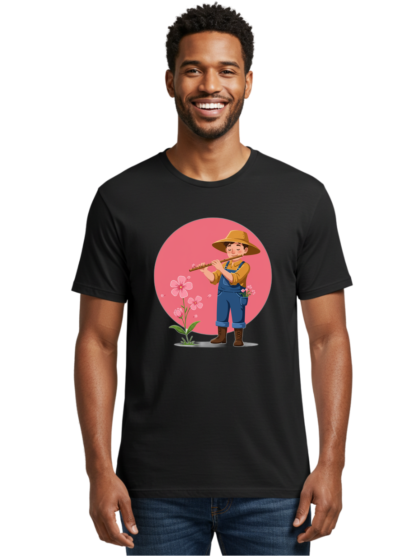Farmer-Playing-Flute Men'S Graphic Tee, 100% Cotton, Comfortable Casual Summer Wear, Machine Washable, Farmer Playing Flute, Pink Flowers, Cartoon Character, Blue Overalls, Yellow Hat, Serene Atmosphere, Rural Setting, Floral Theme, Baa657