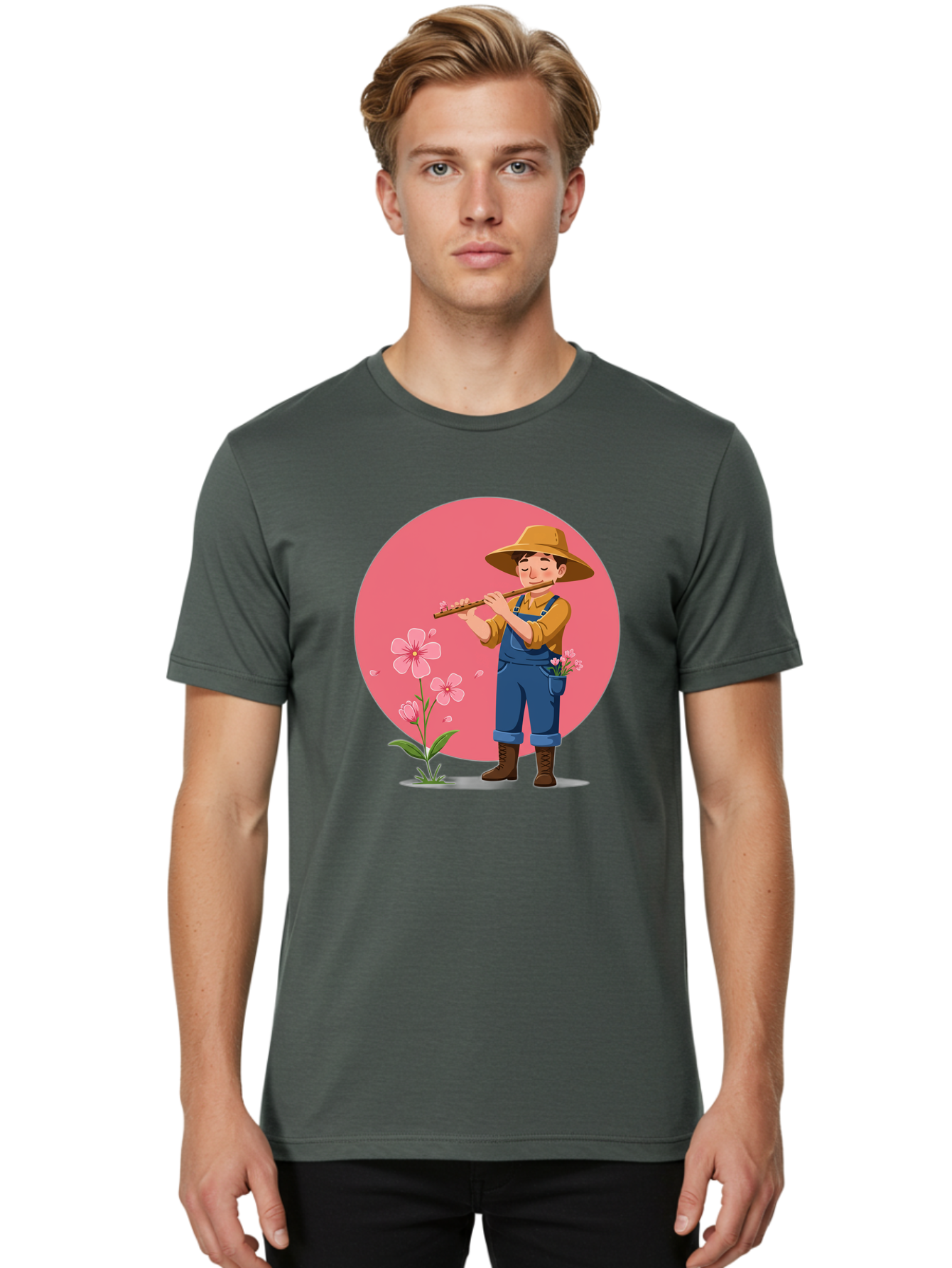 Farmer-Playing-Flute Men'S Graphic Tee, 100% Cotton, Comfortable Casual Summer Wear, Machine Washable, Farmer Playing Flute, Pink Flowers, Cartoon Character, Blue Overalls, Yellow Hat, Serene Atmosphere, Rural Setting, Floral Theme, Baa657
