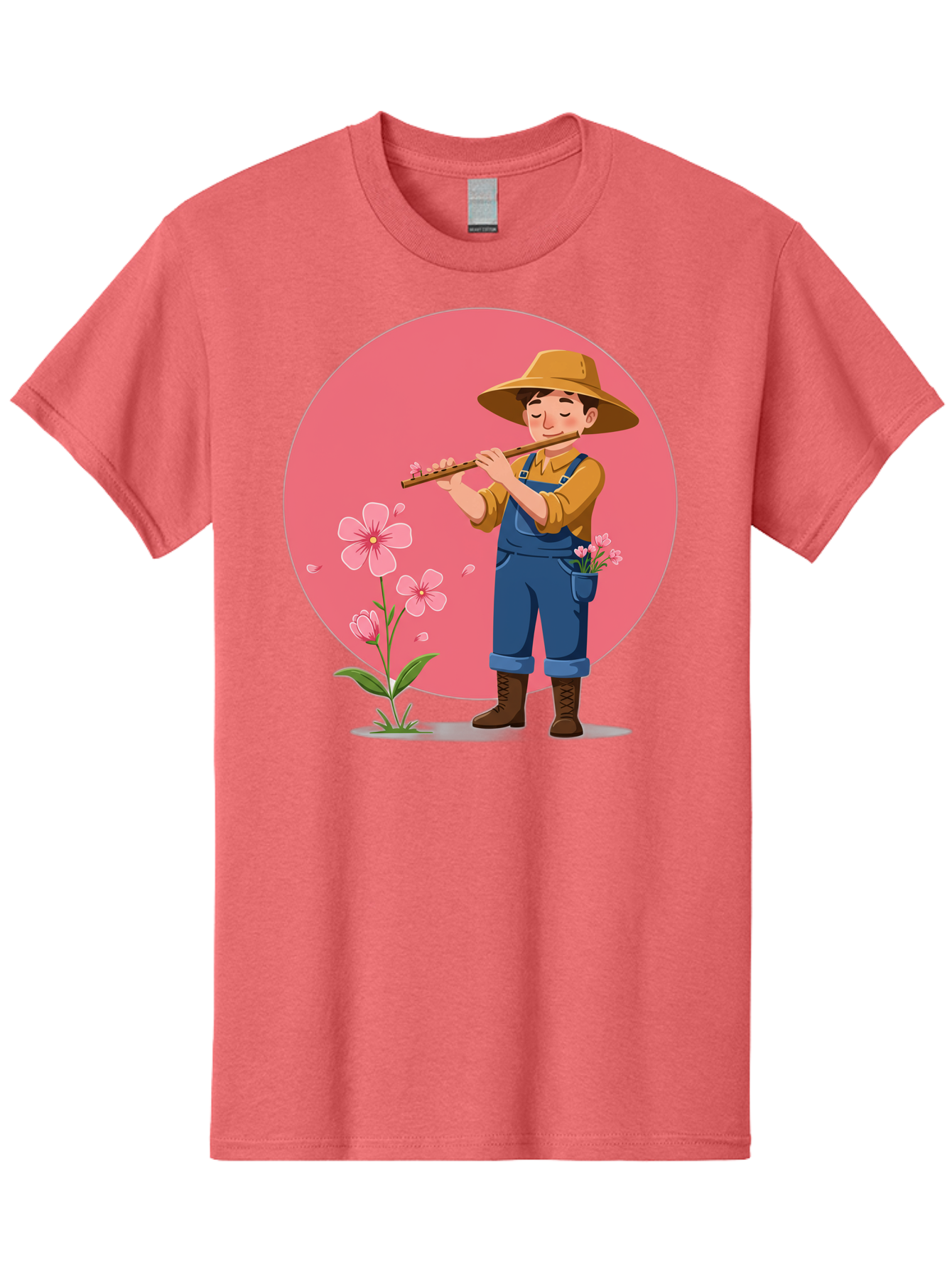 Farmer-Playing-Flute Men'S Graphic Tee, 100% Cotton, Comfortable Casual Summer Wear, Machine Washable, Farmer Playing Flute, Pink Flowers, Cartoon Character, Blue Overalls, Yellow Hat, Serene Atmosphere, Rural Setting, Floral Theme, Baa657