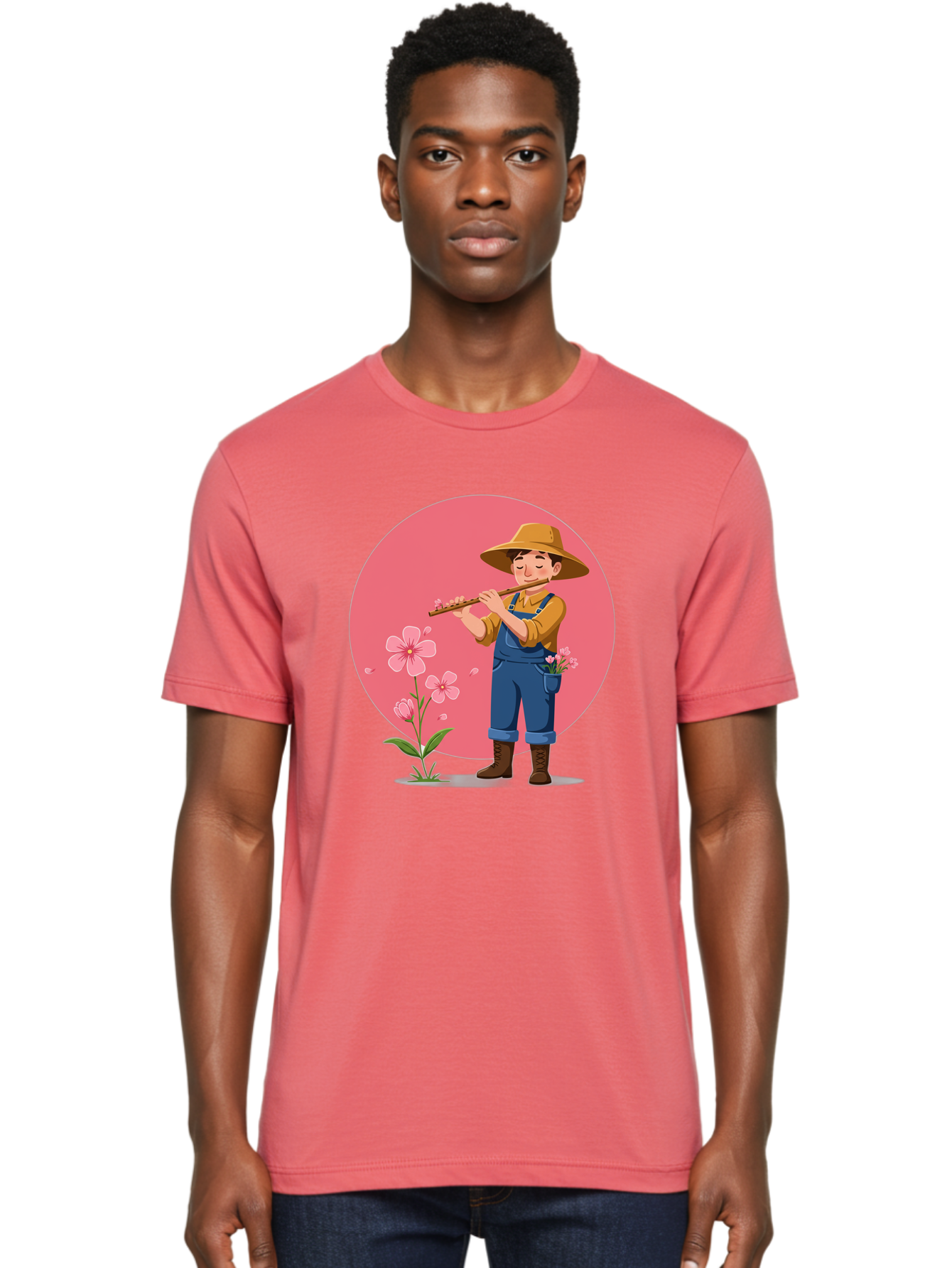 Farmer-Playing-Flute Men'S Graphic Tee, 100% Cotton, Comfortable Casual Summer Wear, Machine Washable, Farmer Playing Flute, Pink Flowers, Cartoon Character, Blue Overalls, Yellow Hat, Serene Atmosphere, Rural Setting, Floral Theme, Baa657