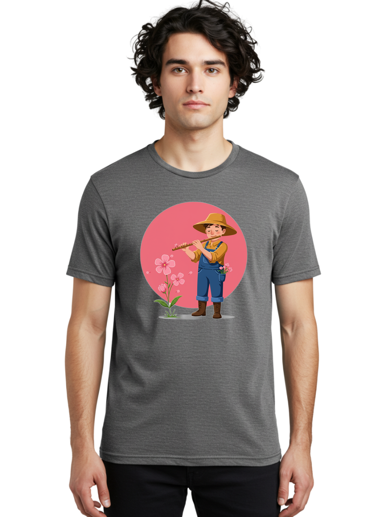 Farmer-Playing-Flute Men'S Graphic Tee, 100% Cotton, Comfortable Casual Summer Wear, Machine Washable, Farmer Playing Flute, Pink Flowers, Cartoon Character, Blue Overalls, Yellow Hat, Serene Atmosphere, Rural Setting, Floral Theme, Baa657