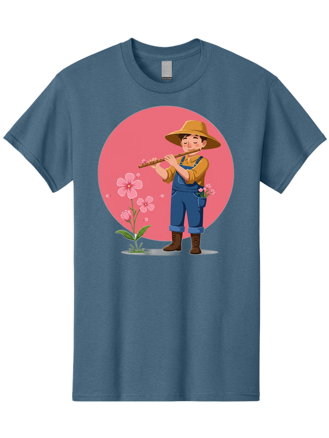 Farmer-Playing-Flute Men'S Graphic Tee, 100% Cotton, Comfortable Casual Summer Wear, Machine Washable, Farmer Playing Flute, Pink Flowers, Cartoon Character, Blue Overalls, Yellow Hat, Serene Atmosphere, Rural Setting, Floral Theme, Baa657