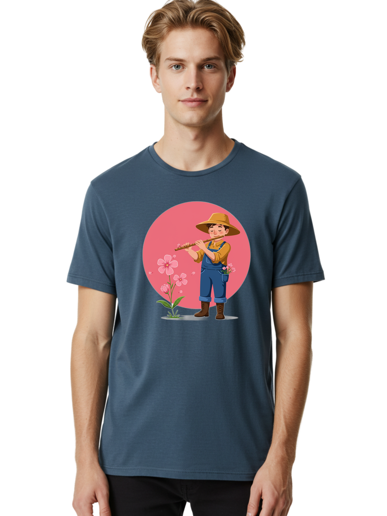 Farmer-Playing-Flute Men'S Graphic Tee, 100% Cotton, Comfortable Casual Summer Wear, Machine Washable, Farmer Playing Flute, Pink Flowers, Cartoon Character, Blue Overalls, Yellow Hat, Serene Atmosphere, Rural Setting, Floral Theme, Baa657