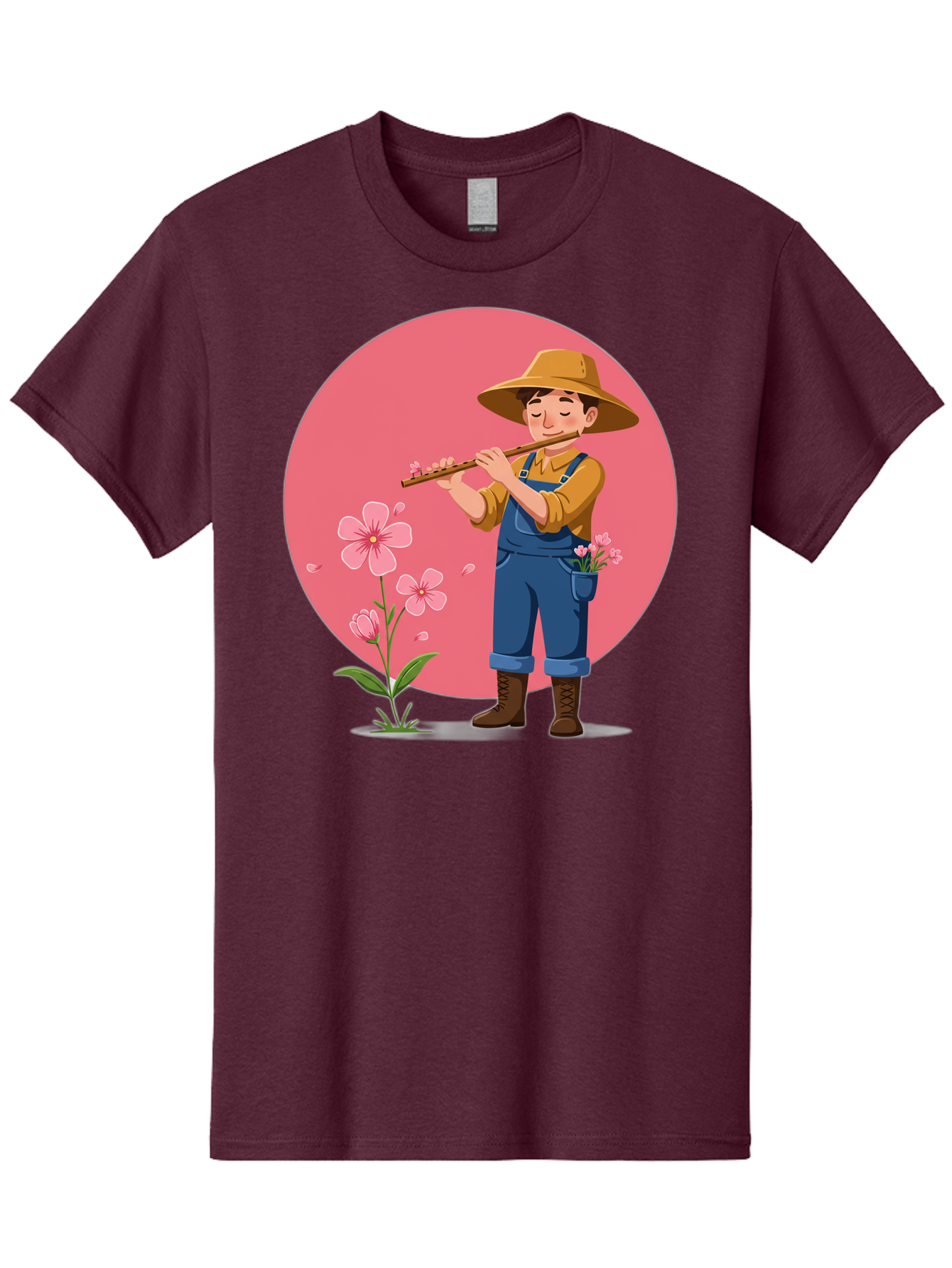 Farmer-Playing-Flute Men'S Graphic Tee, 100% Cotton, Comfortable Casual Summer Wear, Machine Washable, Farmer Playing Flute, Pink Flowers, Cartoon Character, Blue Overalls, Yellow Hat, Serene Atmosphere, Rural Setting, Floral Theme, Baa657
