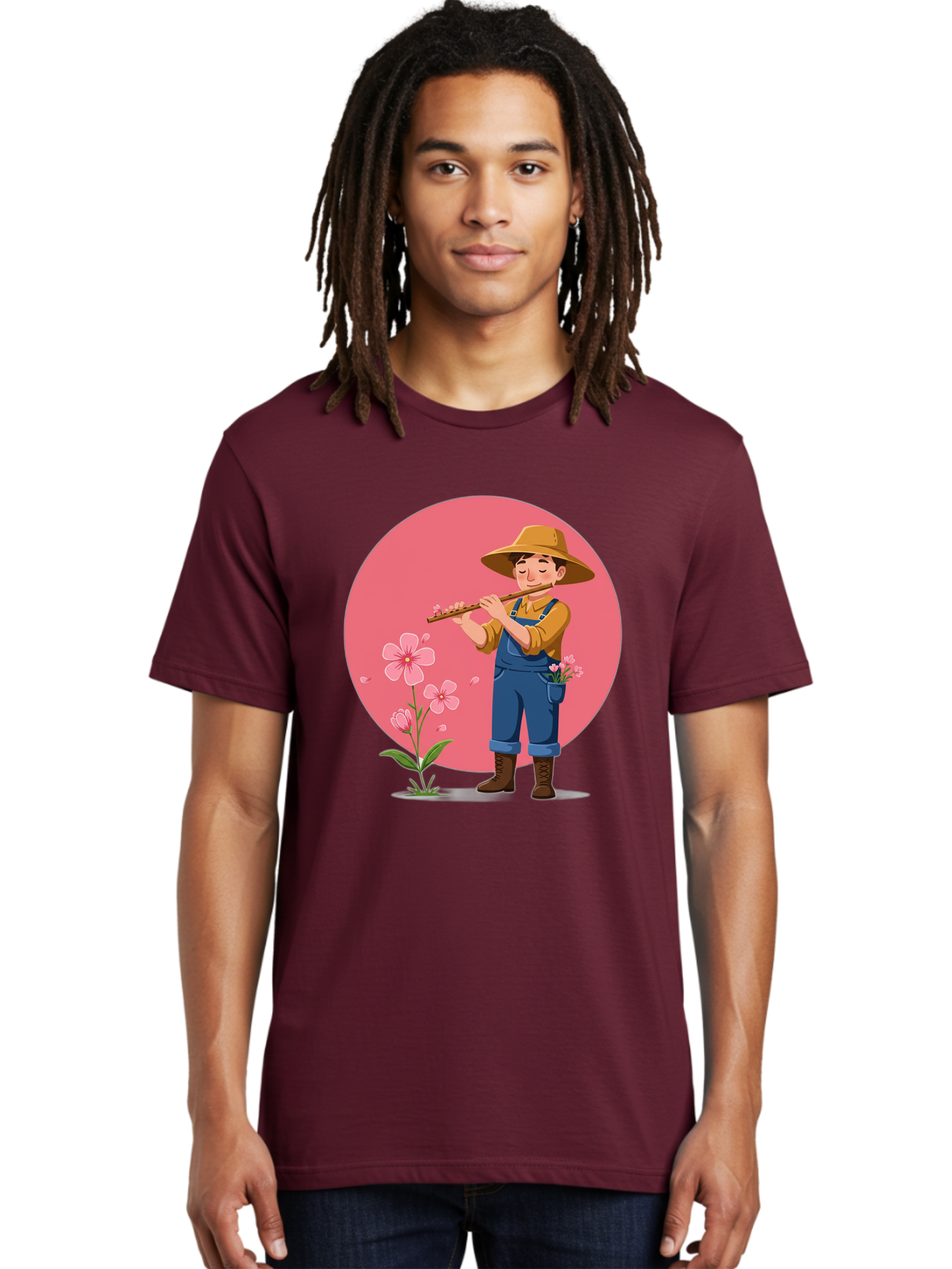 Farmer-Playing-Flute Men'S Graphic Tee, 100% Cotton, Comfortable Casual Summer Wear, Machine Washable, Farmer Playing Flute, Pink Flowers, Cartoon Character, Blue Overalls, Yellow Hat, Serene Atmosphere, Rural Setting, Floral Theme, Baa657
