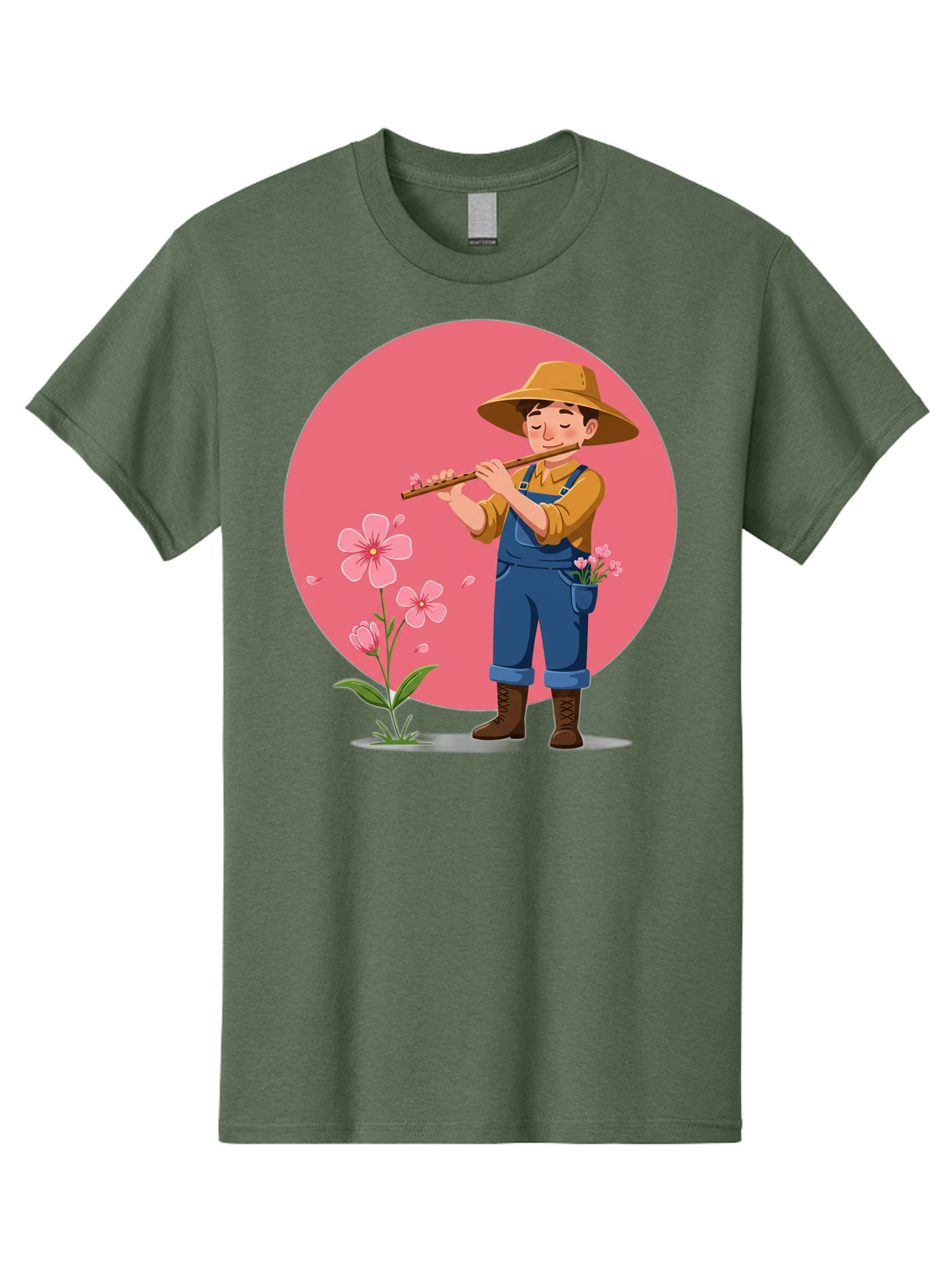 Farmer-Playing-Flute Men'S Graphic Tee, 100% Cotton, Comfortable Casual Summer Wear, Machine Washable, Farmer Playing Flute, Pink Flowers, Cartoon Character, Blue Overalls, Yellow Hat, Serene Atmosphere, Rural Setting, Floral Theme, Baa657