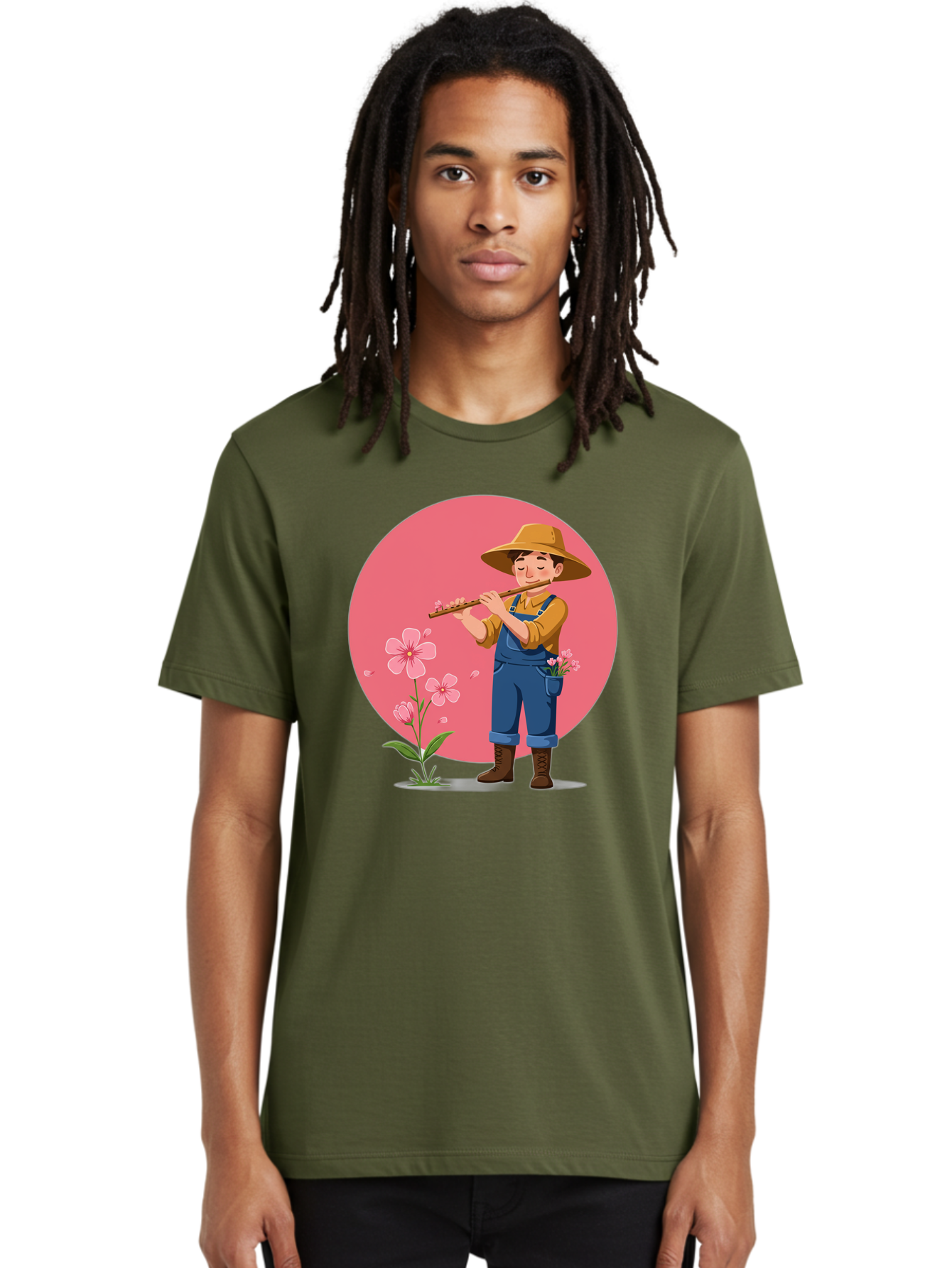 Farmer-Playing-Flute Men'S Graphic Tee, 100% Cotton, Comfortable Casual Summer Wear, Machine Washable, Farmer Playing Flute, Pink Flowers, Cartoon Character, Blue Overalls, Yellow Hat, Serene Atmosphere, Rural Setting, Floral Theme, Baa657