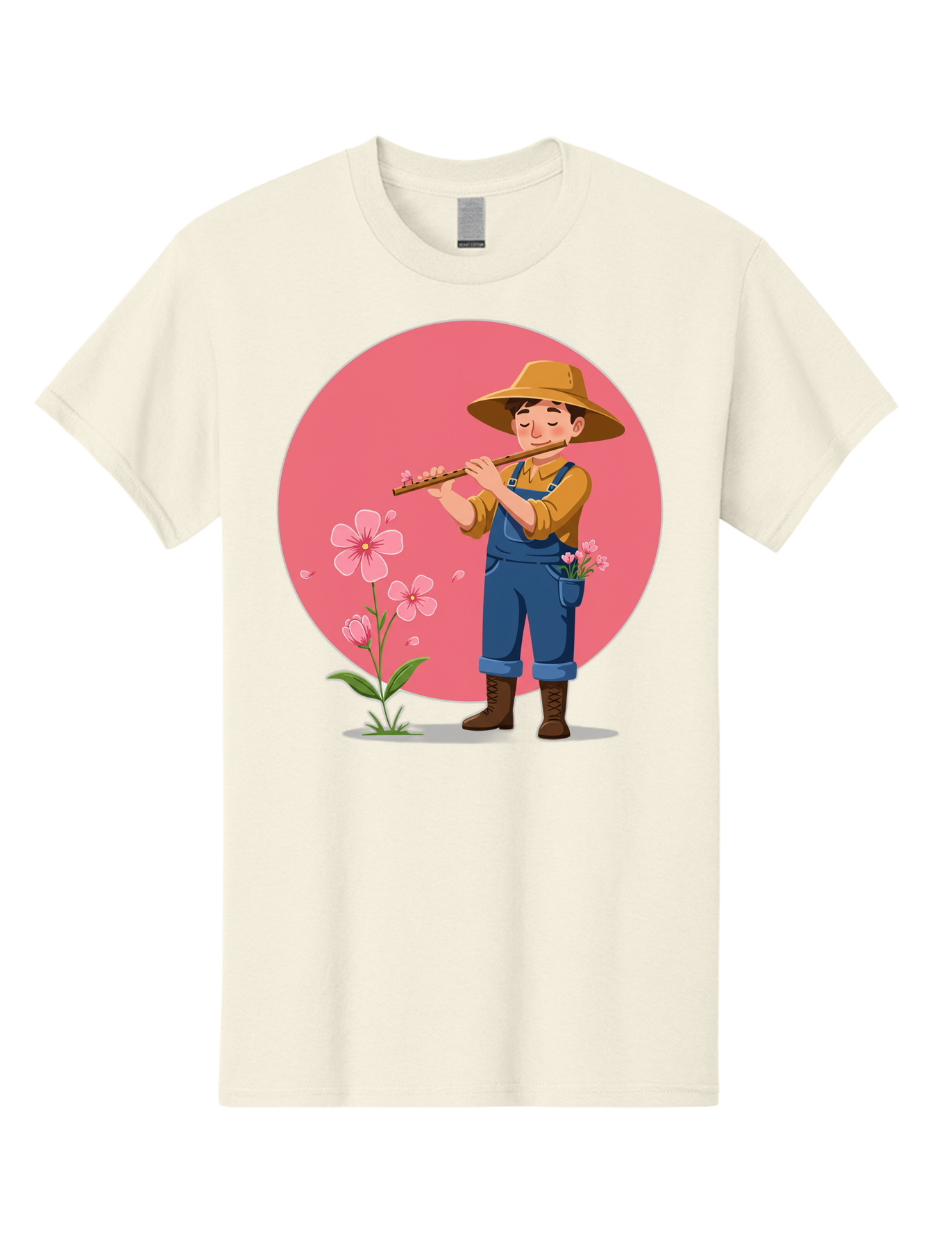 Farmer-Playing-Flute Men'S Graphic Tee, 100% Cotton, Comfortable Casual Summer Wear, Machine Washable, Farmer Playing Flute, Pink Flowers, Cartoon Character, Blue Overalls, Yellow Hat, Serene Atmosphere, Rural Setting, Floral Theme, Baa657