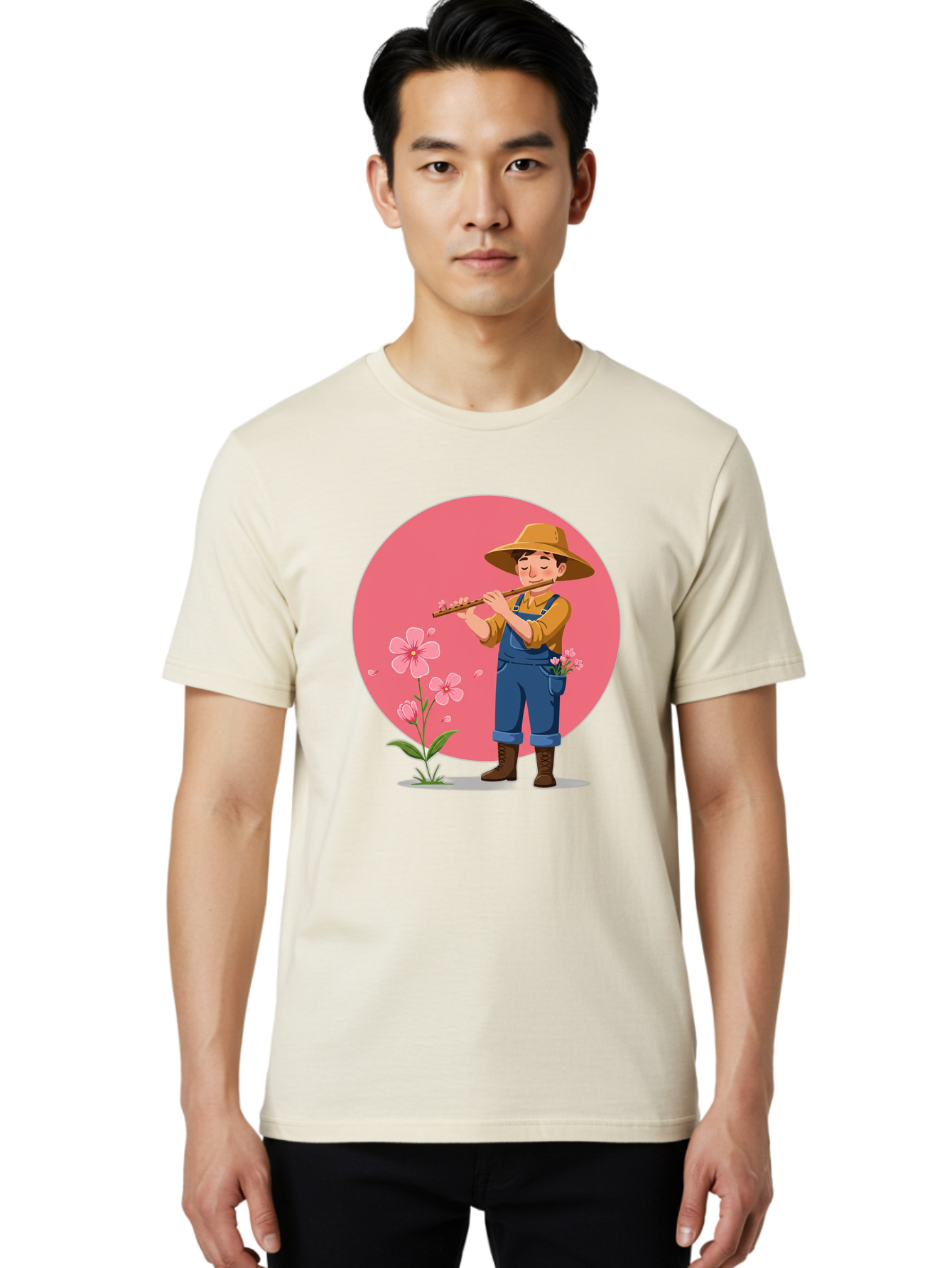 Farmer-Playing-Flute Men'S Graphic Tee, 100% Cotton, Comfortable Casual Summer Wear, Machine Washable, Farmer Playing Flute, Pink Flowers, Cartoon Character, Blue Overalls, Yellow Hat, Serene Atmosphere, Rural Setting, Floral Theme, Baa657