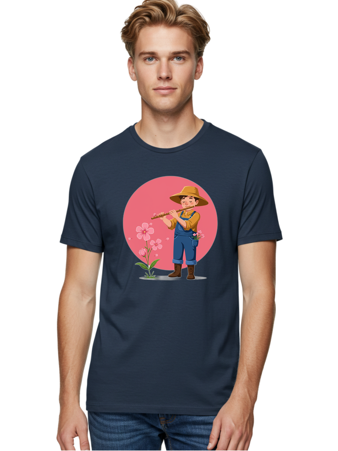 Farmer-Playing-Flute Men'S Graphic Tee, 100% Cotton, Comfortable Casual Summer Wear, Machine Washable, Farmer Playing Flute, Pink Flowers, Cartoon Character, Blue Overalls, Yellow Hat, Serene Atmosphere, Rural Setting, Floral Theme, Baa657