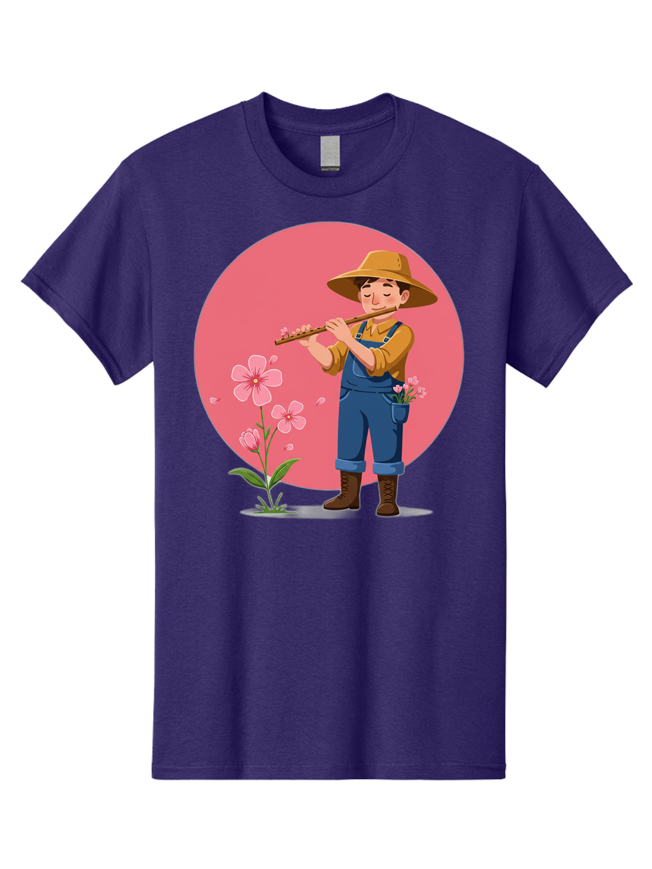 Farmer-Playing-Flute Men'S Graphic Tee, 100% Cotton, Comfortable Casual Summer Wear, Machine Washable, Farmer Playing Flute, Pink Flowers, Cartoon Character, Blue Overalls, Yellow Hat, Serene Atmosphere, Rural Setting, Floral Theme, Baa657