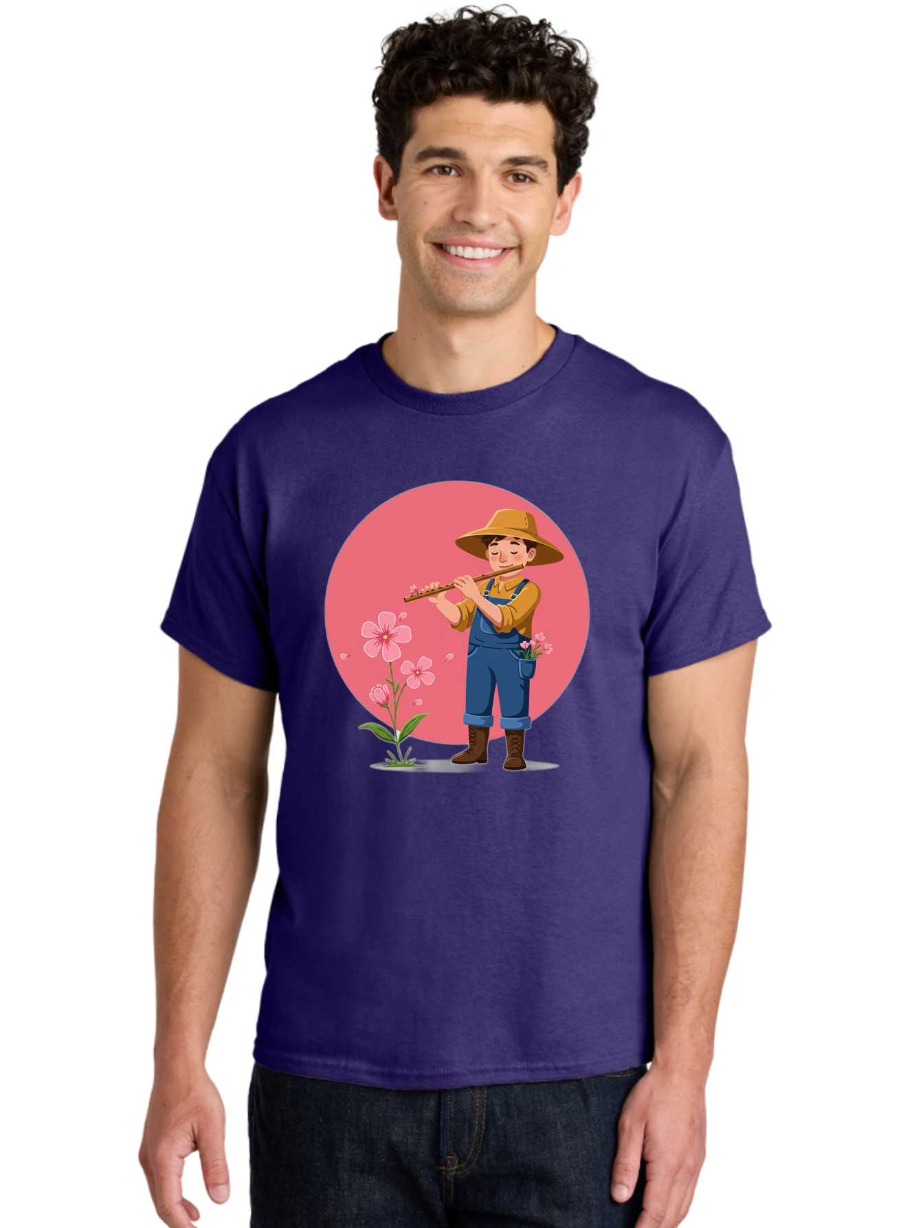 Farmer-Playing-Flute Men'S Graphic Tee, 100% Cotton, Comfortable Casual Summer Wear, Machine Washable, Farmer Playing Flute, Pink Flowers, Cartoon Character, Blue Overalls, Yellow Hat, Serene Atmosphere, Rural Setting, Floral Theme, Baa657