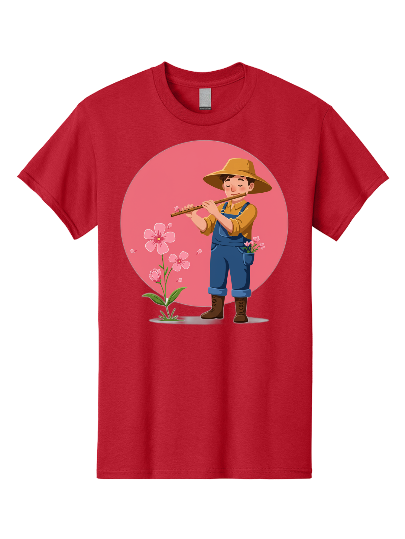 Farmer-Playing-Flute Men'S Graphic Tee, 100% Cotton, Comfortable Casual Summer Wear, Machine Washable, Farmer Playing Flute, Pink Flowers, Cartoon Character, Blue Overalls, Yellow Hat, Serene Atmosphere, Rural Setting, Floral Theme, Baa657