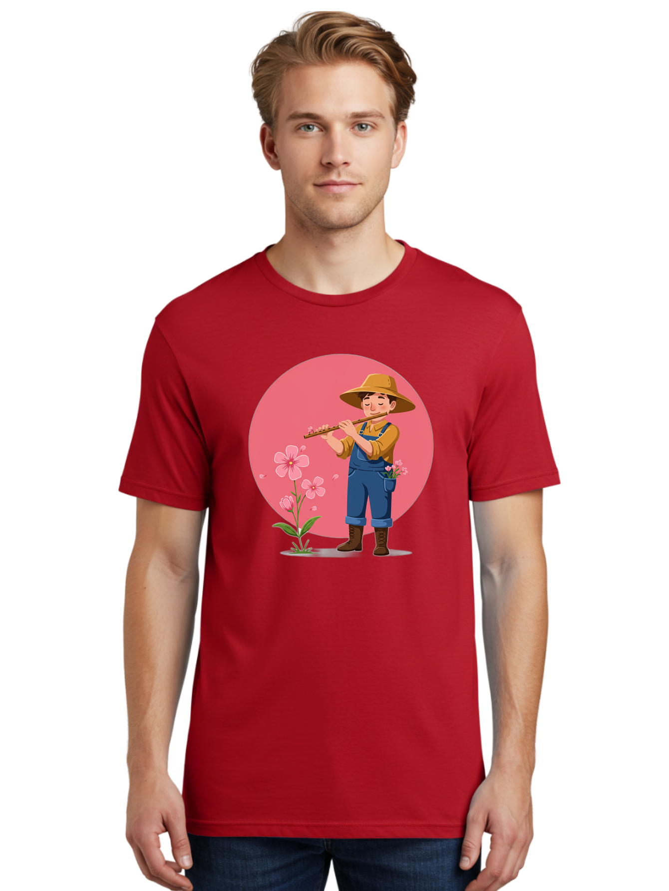 Farmer-Playing-Flute Men'S Graphic Tee, 100% Cotton, Comfortable Casual Summer Wear, Machine Washable, Farmer Playing Flute, Pink Flowers, Cartoon Character, Blue Overalls, Yellow Hat, Serene Atmosphere, Rural Setting, Floral Theme, Baa657