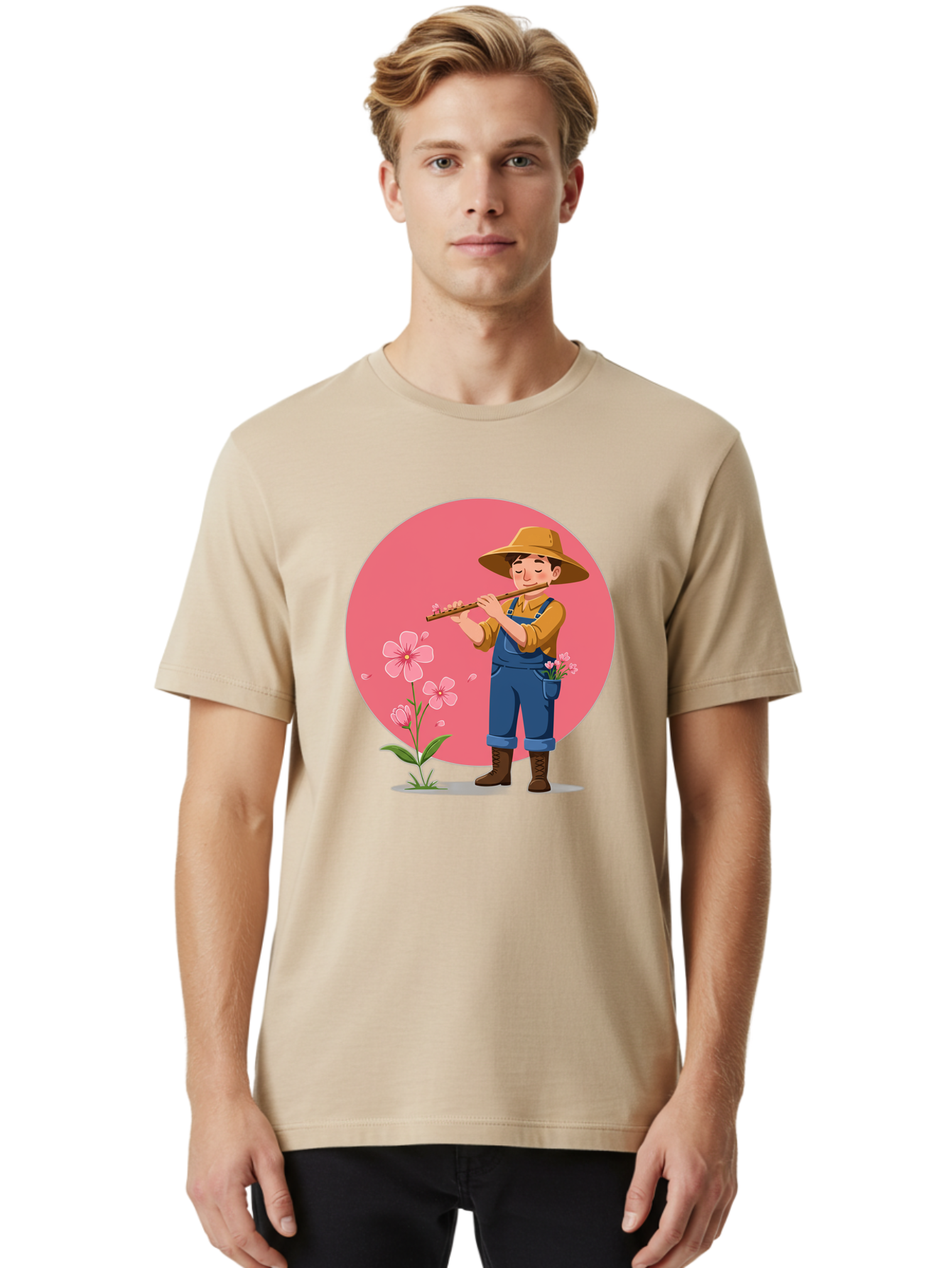 Farmer-Playing-Flute Men'S Graphic Tee, 100% Cotton, Comfortable Casual Summer Wear, Machine Washable, Farmer Playing Flute, Pink Flowers, Cartoon Character, Blue Overalls, Yellow Hat, Serene Atmosphere, Rural Setting, Floral Theme, Baa657