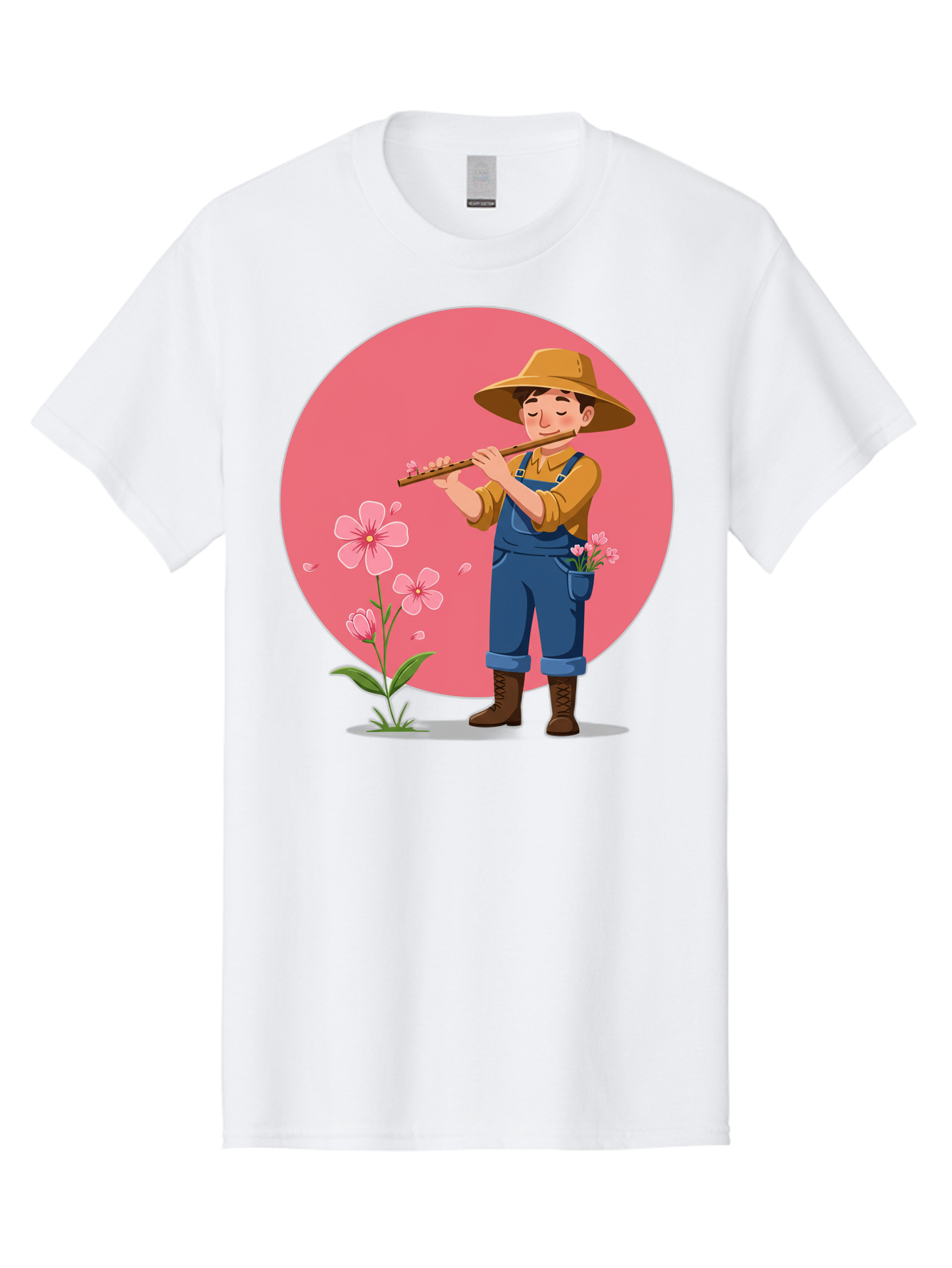 Farmer-Playing-Flute Men'S Graphic Tee, 100% Cotton, Comfortable Casual Summer Wear, Machine Washable, Farmer Playing Flute, Pink Flowers, Cartoon Character, Blue Overalls, Yellow Hat, Serene Atmosphere, Rural Setting, Floral Theme, Baa657