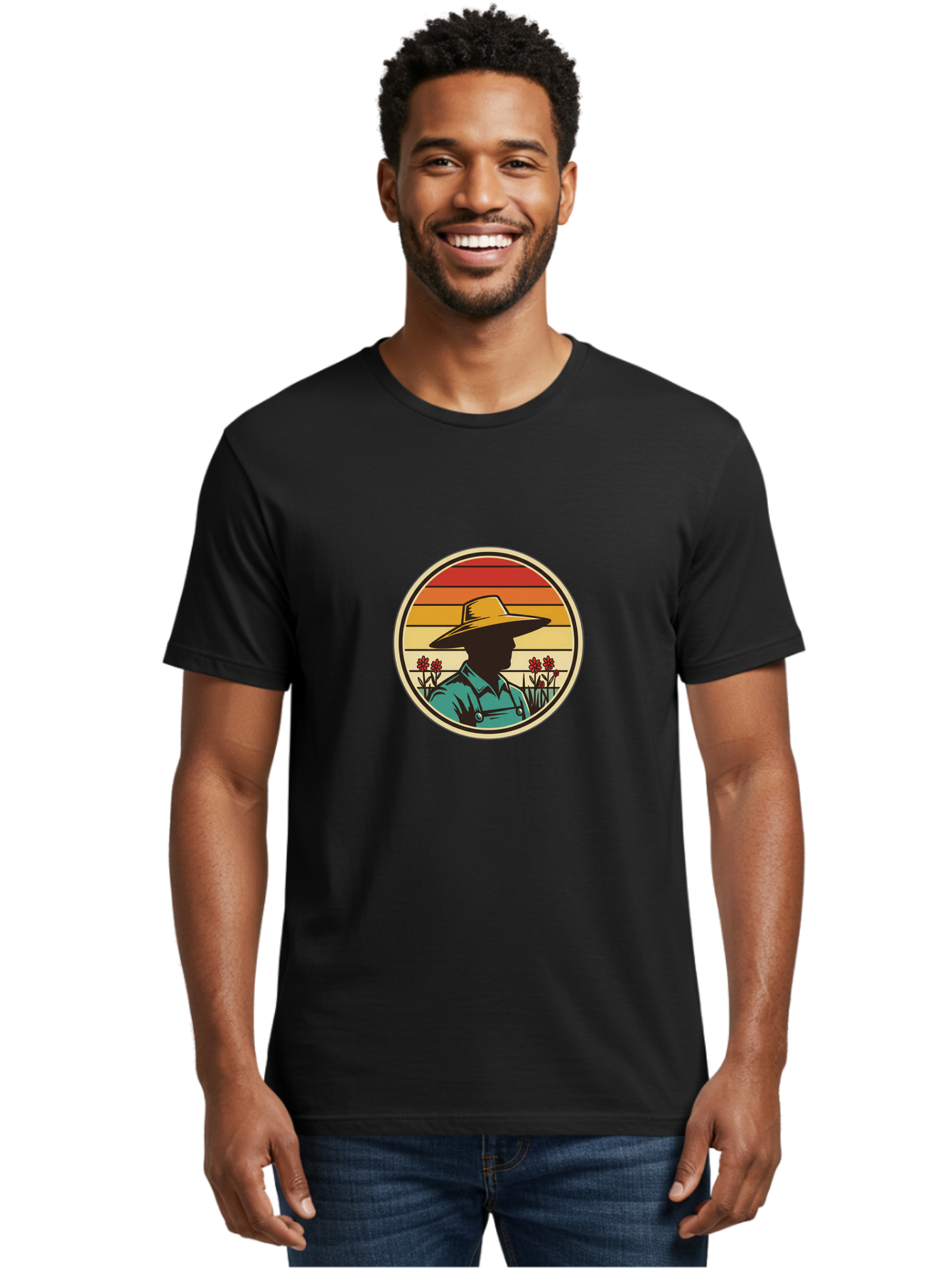 Farmer-Silhouette Men'S Graphic Tee, 100% Cotton, Comfortable Casual Summer Wear, Machine Washable, Farmer Silhouette, Vintage Style, Agricultural Theme, Retro Colors, Wide-Brimmed Hat, Collared Shirt, Flowers In Field, Warm Colors, Baa658