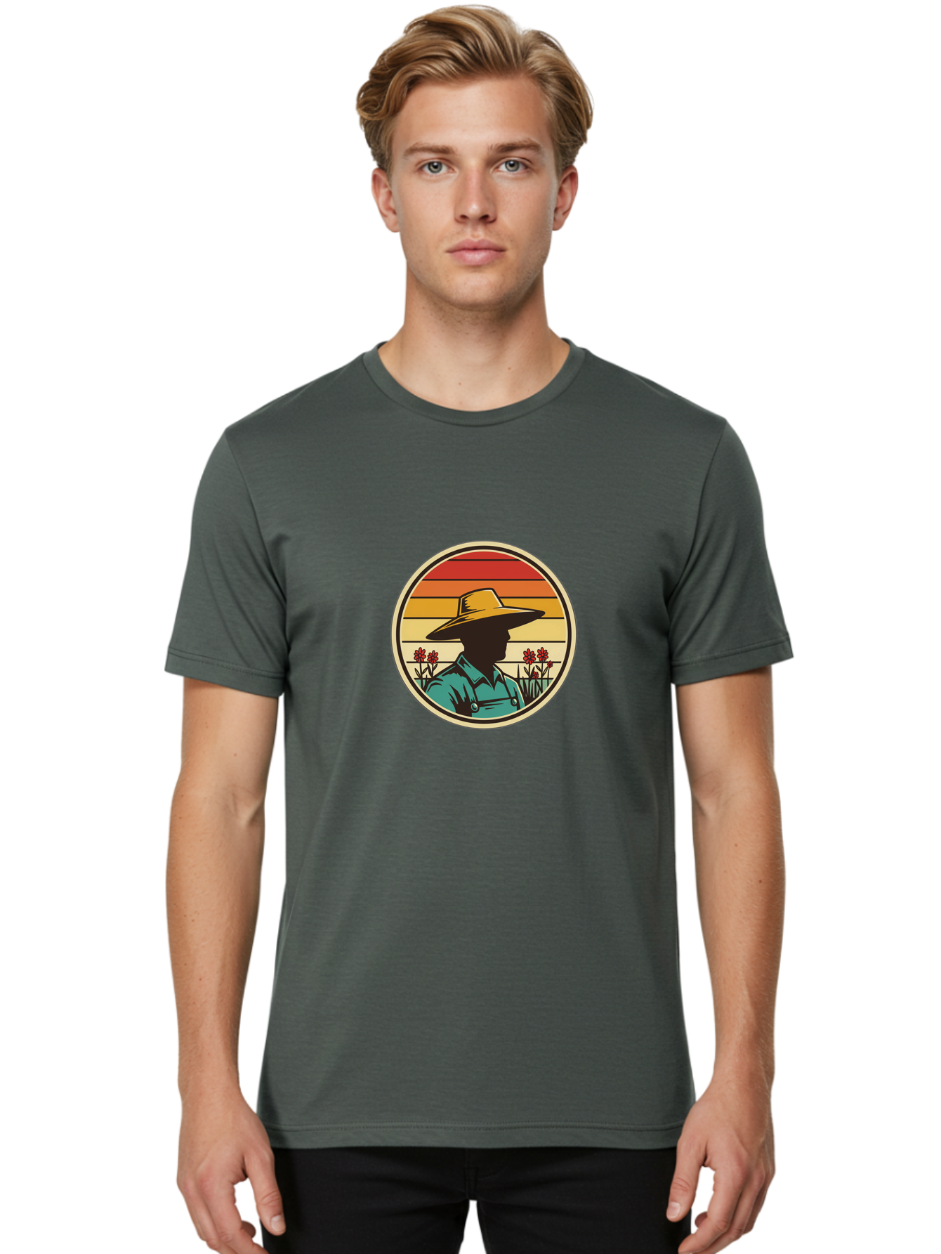 Farmer-Silhouette Men'S Graphic Tee, 100% Cotton, Comfortable Casual Summer Wear, Machine Washable, Farmer Silhouette, Vintage Style, Agricultural Theme, Retro Colors, Wide-Brimmed Hat, Collared Shirt, Flowers In Field, Warm Colors, Baa658