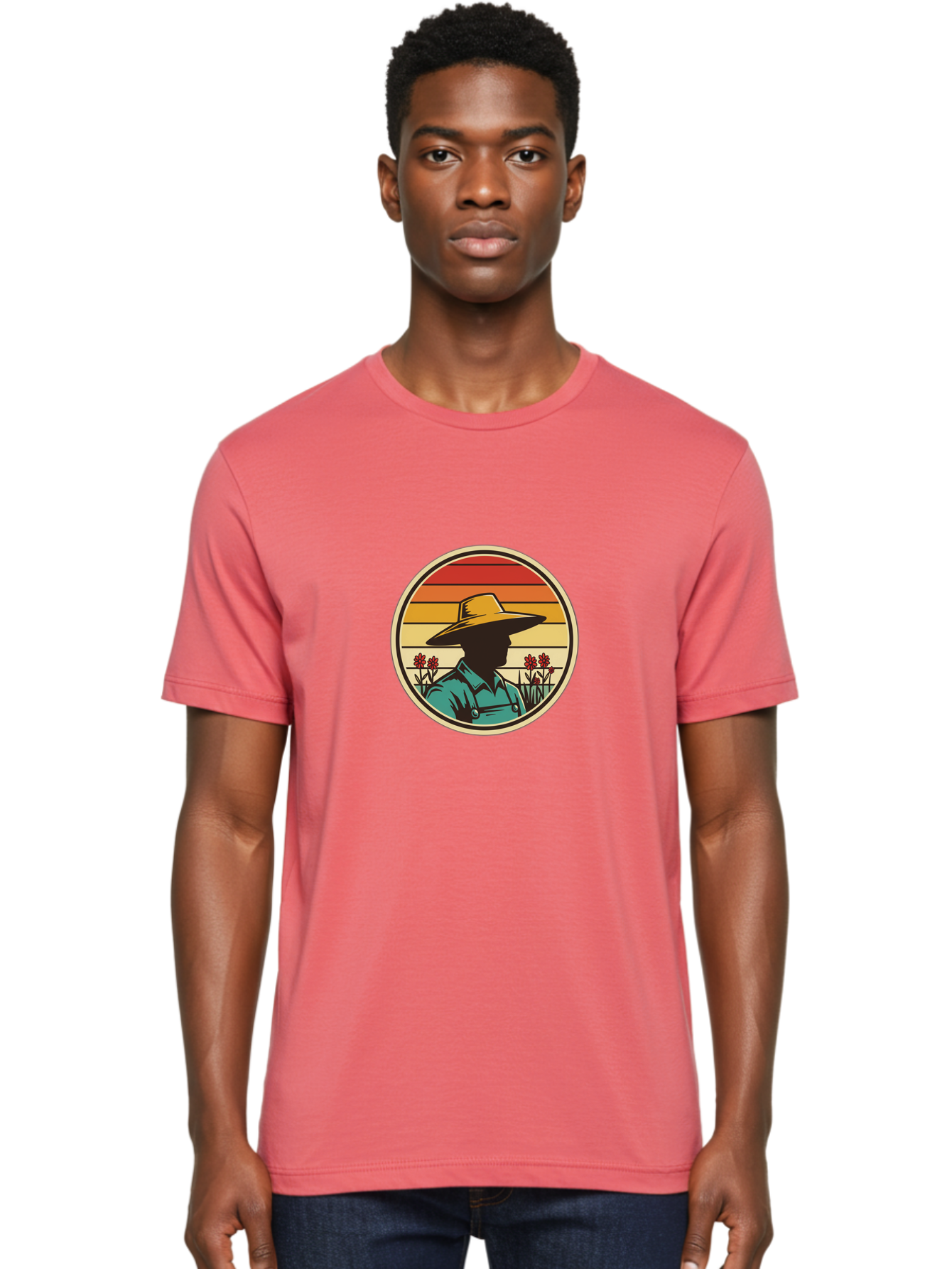 Farmer-Silhouette Men'S Graphic Tee, 100% Cotton, Comfortable Casual Summer Wear, Machine Washable, Farmer Silhouette, Vintage Style, Agricultural Theme, Retro Colors, Wide-Brimmed Hat, Collared Shirt, Flowers In Field, Warm Colors, Baa658
