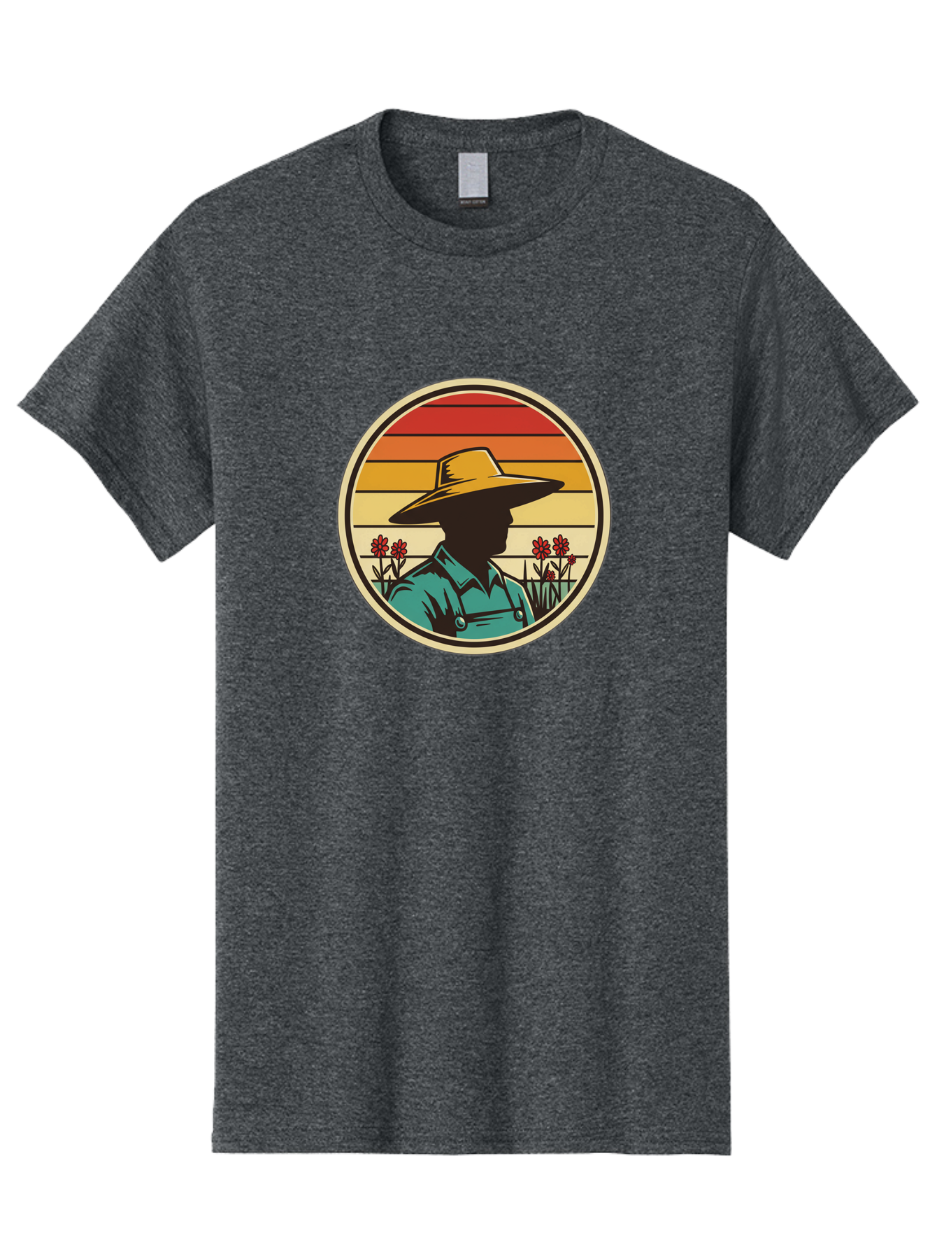 Farmer-Silhouette Men'S Graphic Tee, 100% Cotton, Comfortable Casual Summer Wear, Machine Washable, Farmer Silhouette, Vintage Style, Agricultural Theme, Retro Colors, Wide-Brimmed Hat, Collared Shirt, Flowers In Field, Warm Colors, Baa658