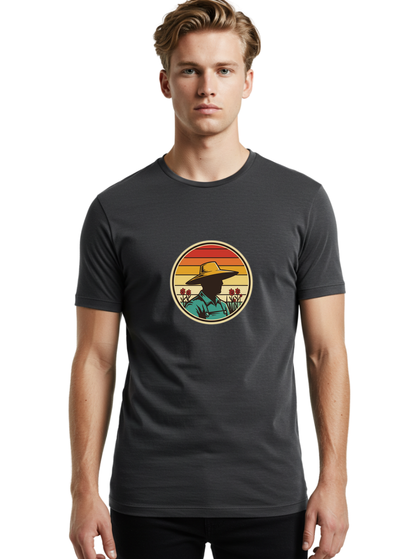 Farmer-Silhouette Men'S Graphic Tee, 100% Cotton, Comfortable Casual Summer Wear, Machine Washable, Farmer Silhouette, Vintage Style, Agricultural Theme, Retro Colors, Wide-Brimmed Hat, Collared Shirt, Flowers In Field, Warm Colors, Baa658