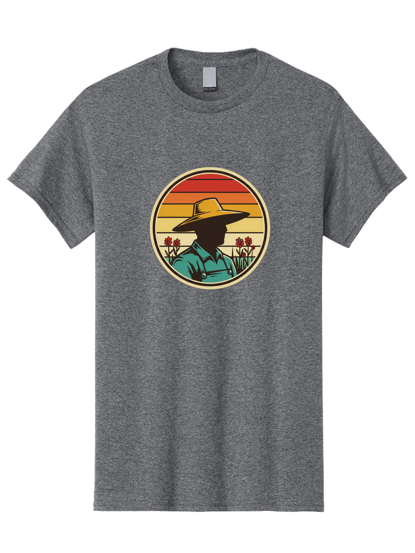 Farmer-Silhouette Men'S Graphic Tee, 100% Cotton, Comfortable Casual Summer Wear, Machine Washable, Farmer Silhouette, Vintage Style, Agricultural Theme, Retro Colors, Wide-Brimmed Hat, Collared Shirt, Flowers In Field, Warm Colors, Baa658