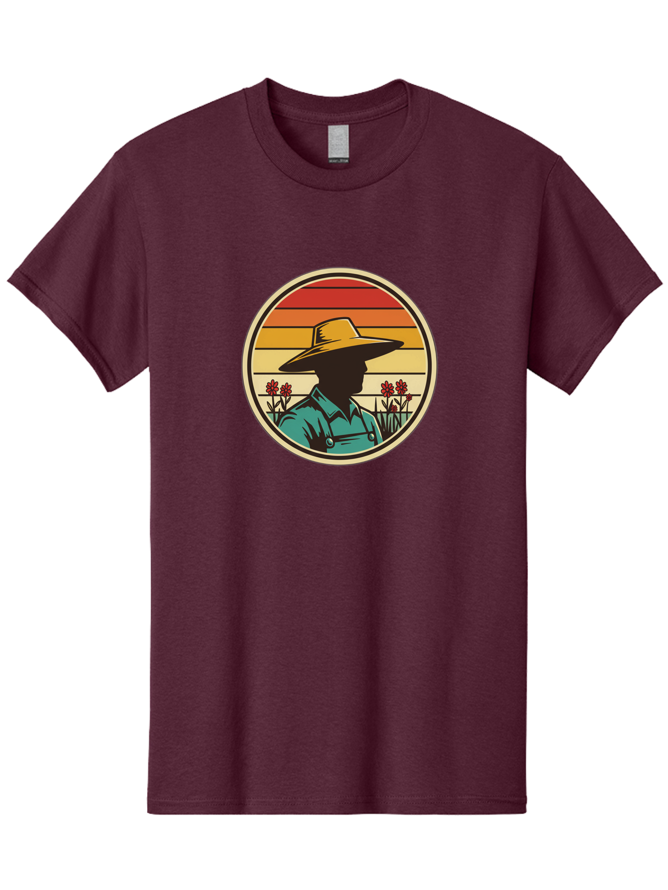 Farmer-Silhouette Men'S Graphic Tee, 100% Cotton, Comfortable Casual Summer Wear, Machine Washable, Farmer Silhouette, Vintage Style, Agricultural Theme, Retro Colors, Wide-Brimmed Hat, Collared Shirt, Flowers In Field, Warm Colors, Baa658