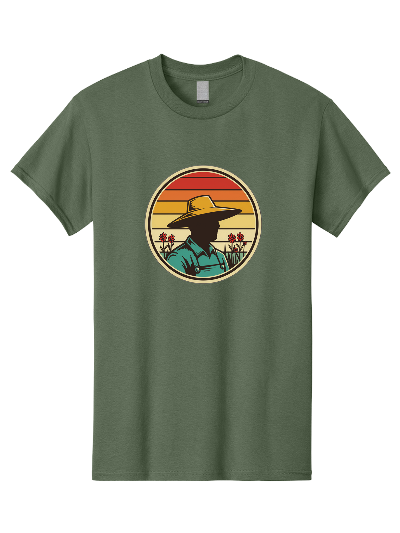 Farmer-Silhouette Men'S Graphic Tee, 100% Cotton, Comfortable Casual Summer Wear, Machine Washable, Farmer Silhouette, Vintage Style, Agricultural Theme, Retro Colors, Wide-Brimmed Hat, Collared Shirt, Flowers In Field, Warm Colors, Baa658