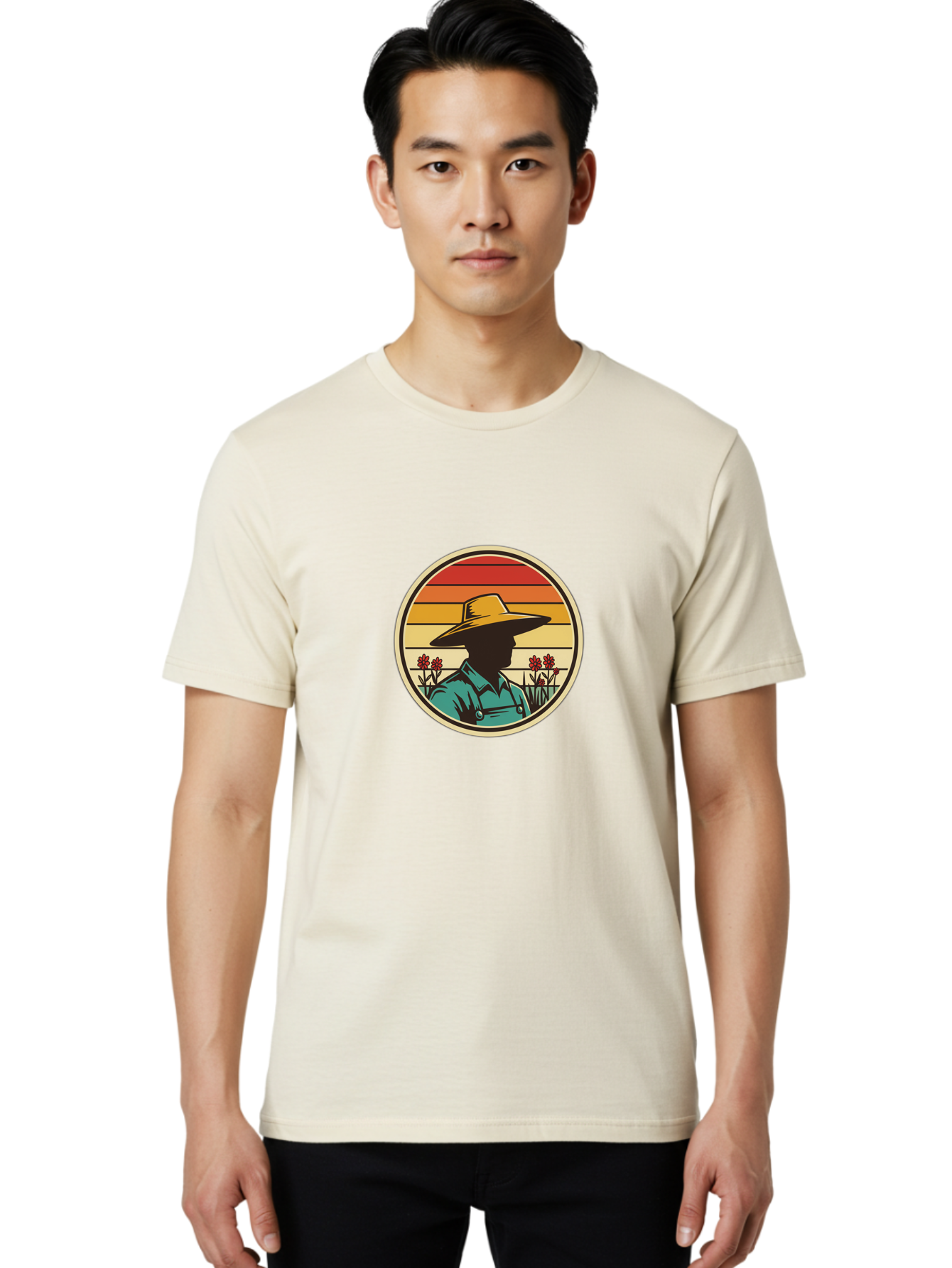 Farmer-Silhouette Men'S Graphic Tee, 100% Cotton, Comfortable Casual Summer Wear, Machine Washable, Farmer Silhouette, Vintage Style, Agricultural Theme, Retro Colors, Wide-Brimmed Hat, Collared Shirt, Flowers In Field, Warm Colors, Baa658