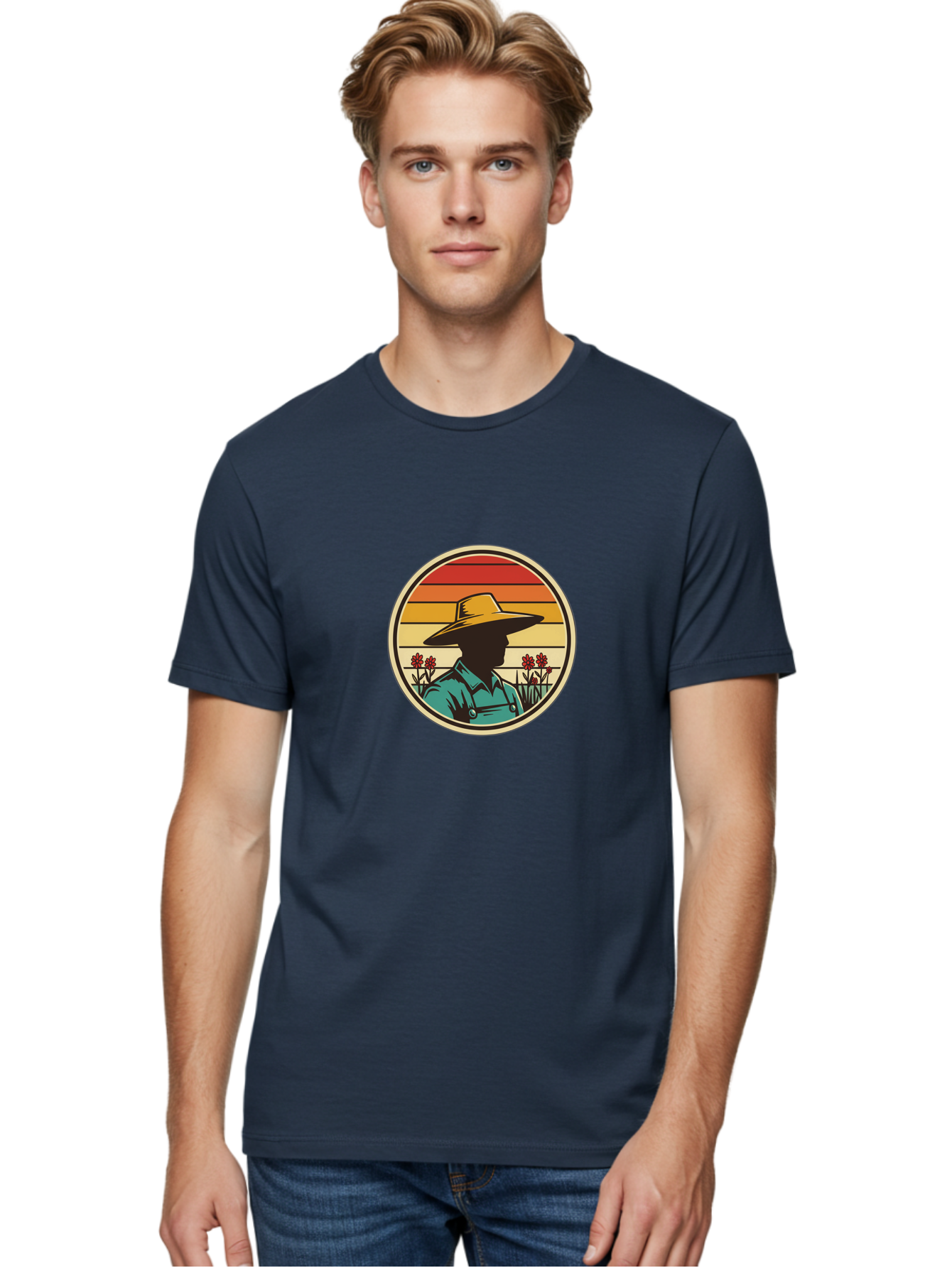 Farmer-Silhouette Men'S Graphic Tee, 100% Cotton, Comfortable Casual Summer Wear, Machine Washable, Farmer Silhouette, Vintage Style, Agricultural Theme, Retro Colors, Wide-Brimmed Hat, Collared Shirt, Flowers In Field, Warm Colors, Baa658