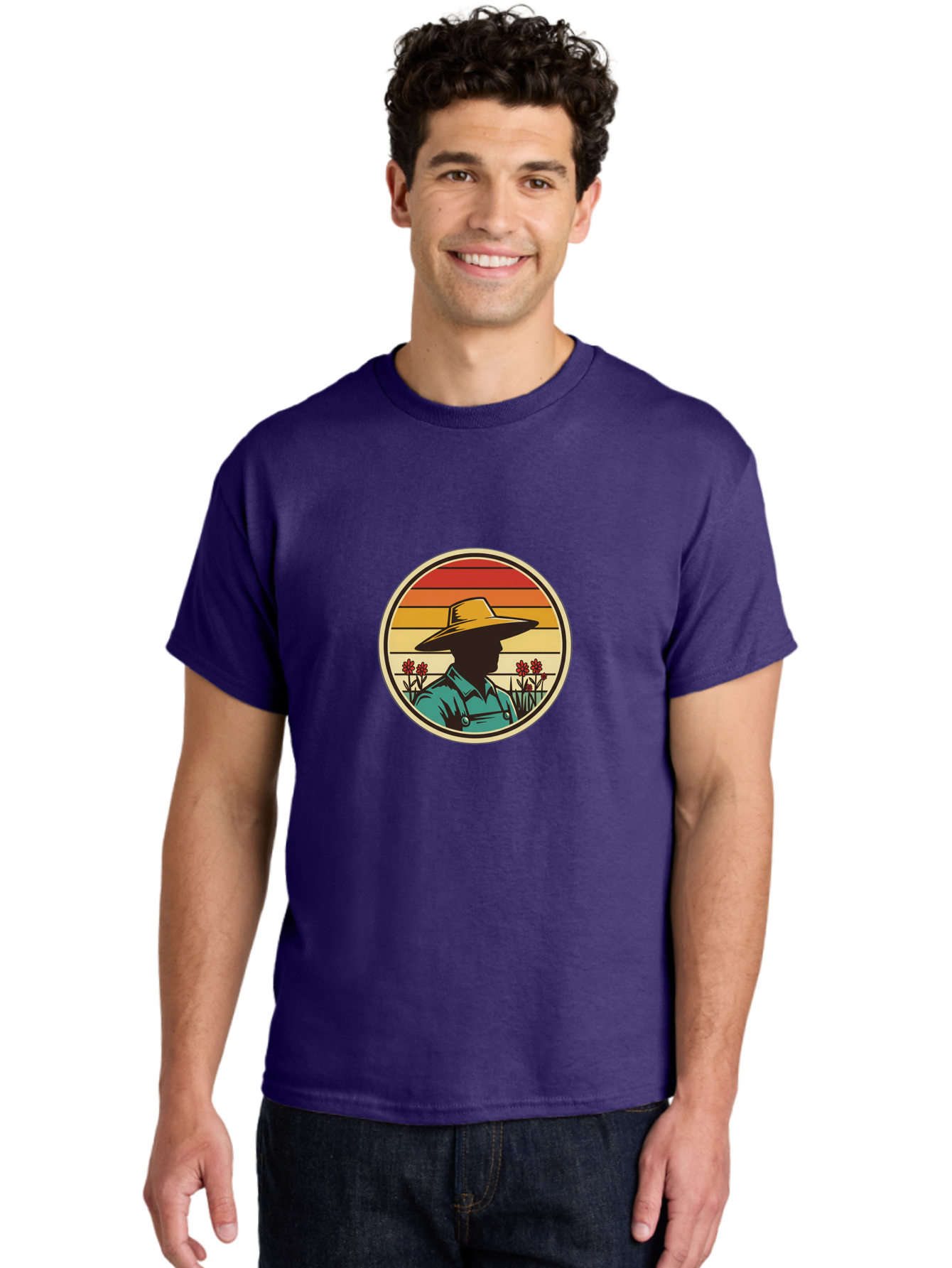 Farmer-Silhouette Men'S Graphic Tee, 100% Cotton, Comfortable Casual Summer Wear, Machine Washable, Farmer Silhouette, Vintage Style, Agricultural Theme, Retro Colors, Wide-Brimmed Hat, Collared Shirt, Flowers In Field, Warm Colors, Baa658