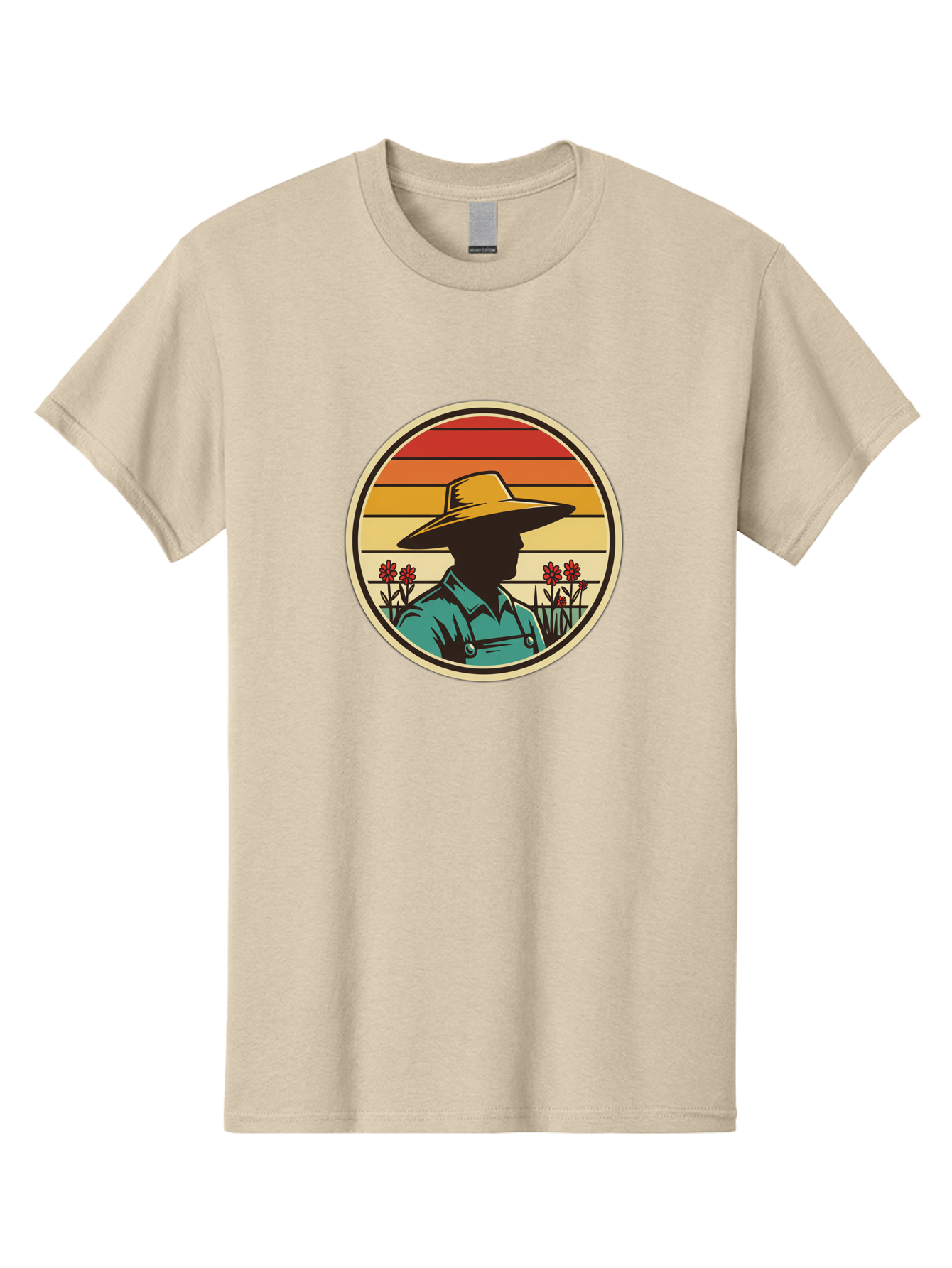 Farmer-Silhouette Men'S Graphic Tee, 100% Cotton, Comfortable Casual Summer Wear, Machine Washable, Farmer Silhouette, Vintage Style, Agricultural Theme, Retro Colors, Wide-Brimmed Hat, Collared Shirt, Flowers In Field, Warm Colors, Baa658