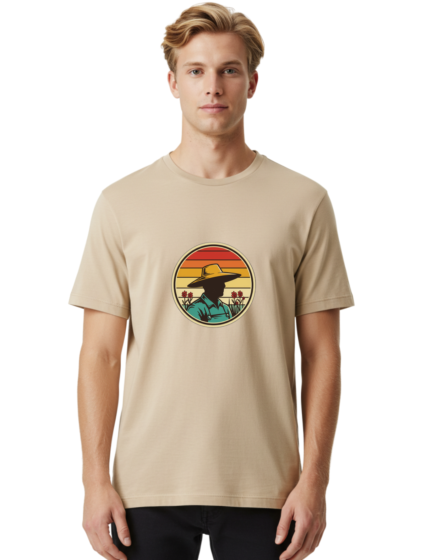Farmer-Silhouette Men'S Graphic Tee, 100% Cotton, Comfortable Casual Summer Wear, Machine Washable, Farmer Silhouette, Vintage Style, Agricultural Theme, Retro Colors, Wide-Brimmed Hat, Collared Shirt, Flowers In Field, Warm Colors, Baa658