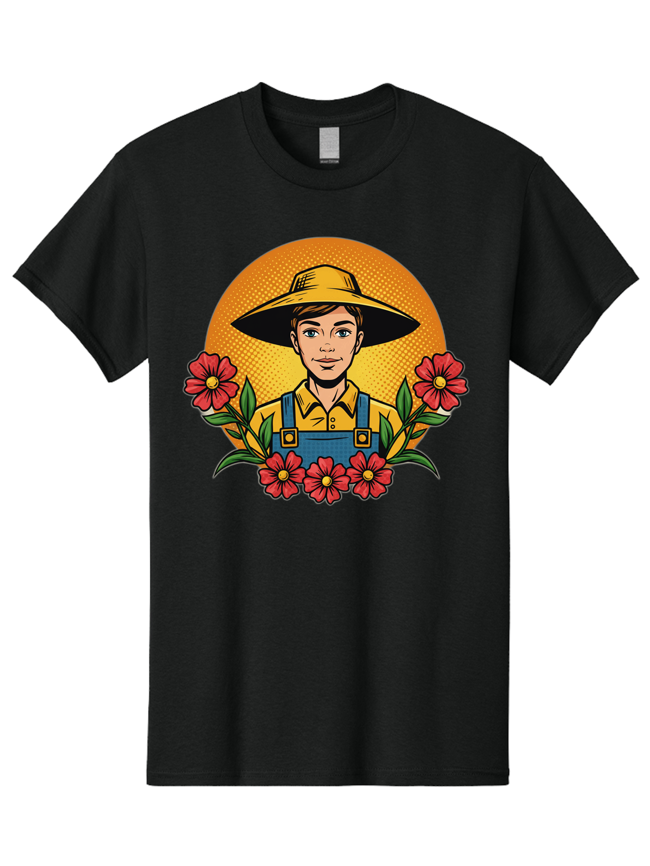 Farmer-With-Flowers Men'S Graphic Tee, 100% Cotton, Comfortable Casual Summer Wear, Machine Washable, Young Farmer, Gardening, Flowers, Floral Arrangement, Gardening Overall, Yellow Hat, Red Flowers, Gardening Illustration, Agricultural Theme, Baa661