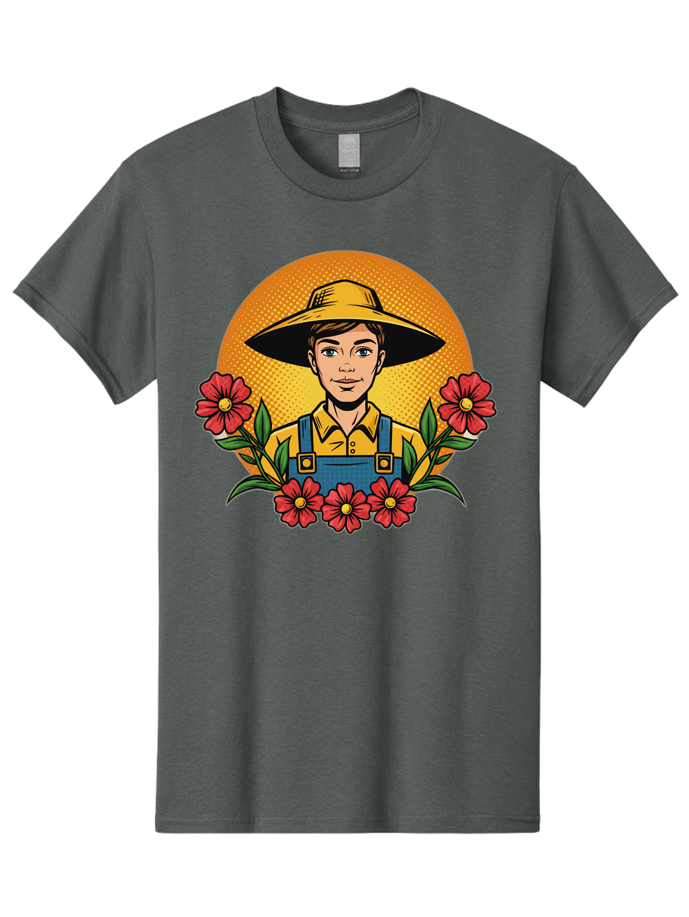 Farmer-With-Flowers Men'S Graphic Tee, 100% Cotton, Comfortable Casual Summer Wear, Machine Washable, Young Farmer, Gardening, Flowers, Floral Arrangement, Gardening Overall, Yellow Hat, Red Flowers, Gardening Illustration, Agricultural Theme, Baa661