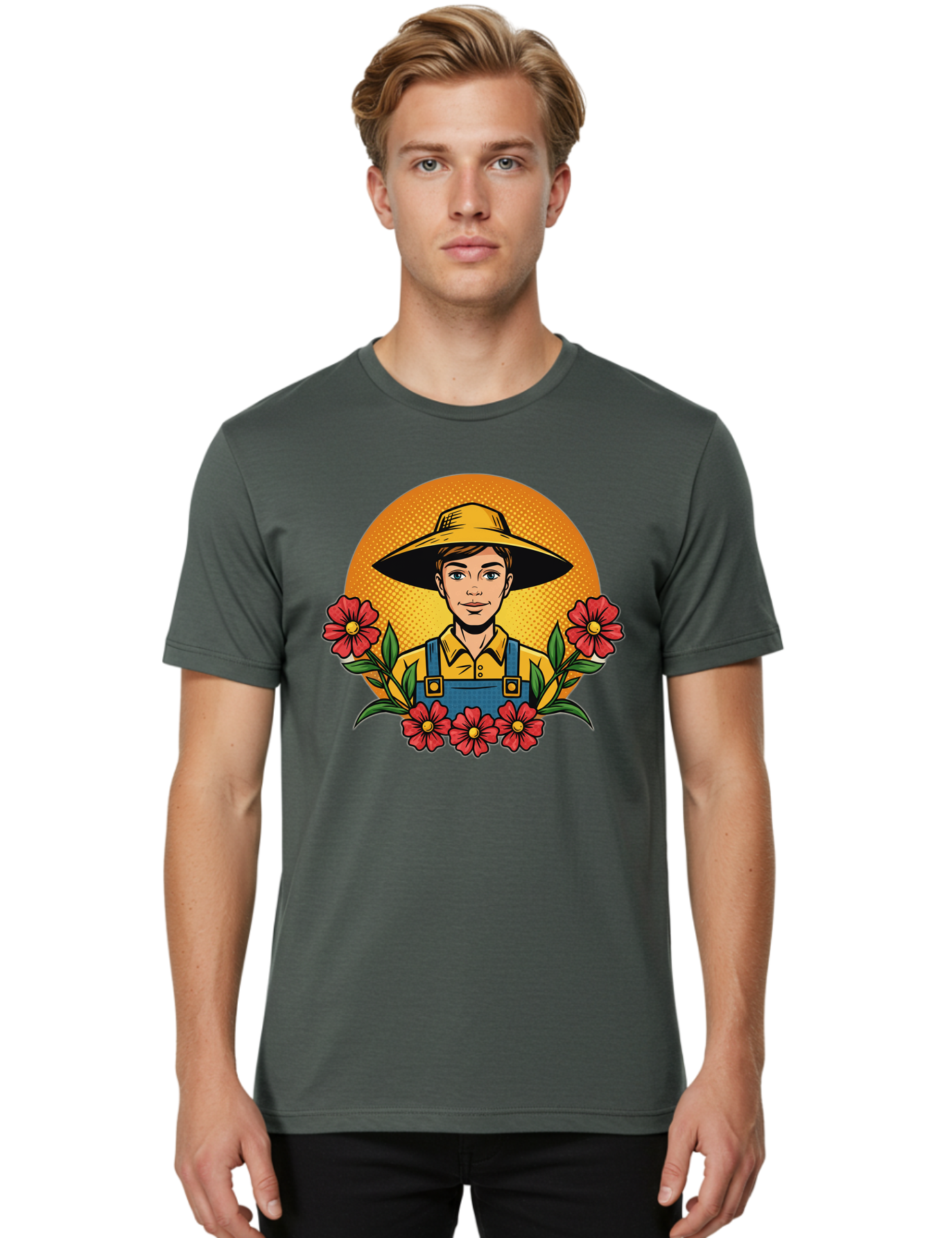 Farmer-With-Flowers Men'S Graphic Tee, 100% Cotton, Comfortable Casual Summer Wear, Machine Washable, Young Farmer, Gardening, Flowers, Floral Arrangement, Gardening Overall, Yellow Hat, Red Flowers, Gardening Illustration, Agricultural Theme, Baa661