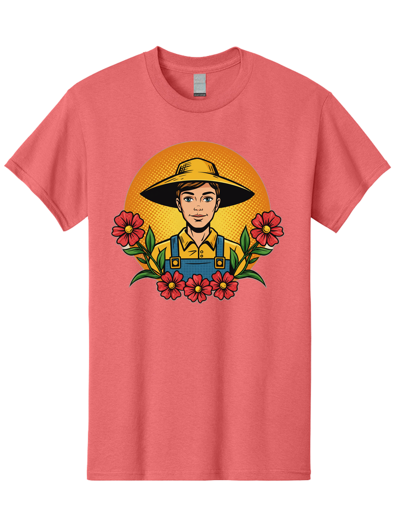 Farmer-With-Flowers Men'S Graphic Tee, 100% Cotton, Comfortable Casual Summer Wear, Machine Washable, Young Farmer, Gardening, Flowers, Floral Arrangement, Gardening Overall, Yellow Hat, Red Flowers, Gardening Illustration, Agricultural Theme, Baa661