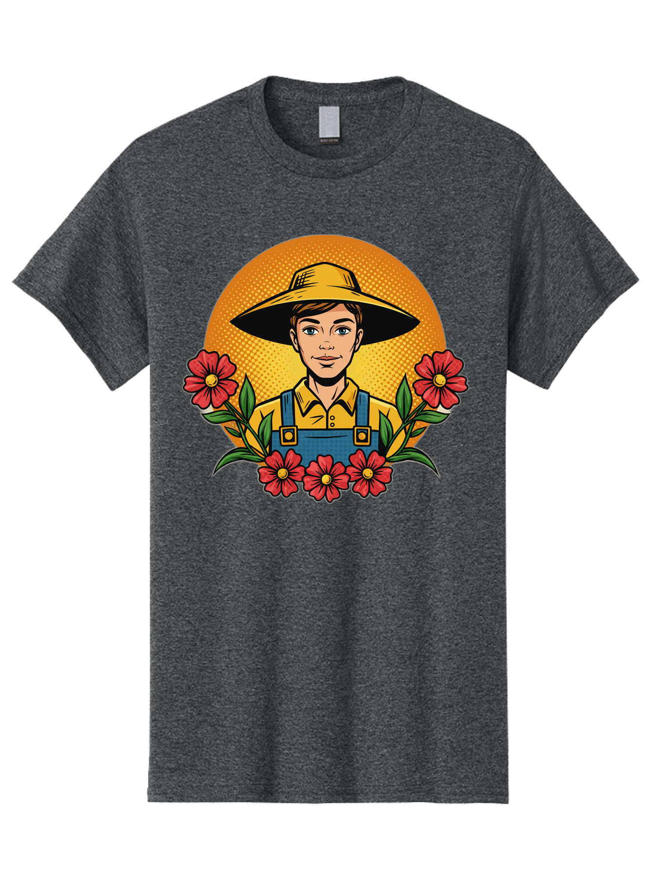 Farmer-With-Flowers Men'S Graphic Tee, 100% Cotton, Comfortable Casual Summer Wear, Machine Washable, Young Farmer, Gardening, Flowers, Floral Arrangement, Gardening Overall, Yellow Hat, Red Flowers, Gardening Illustration, Agricultural Theme, Baa661